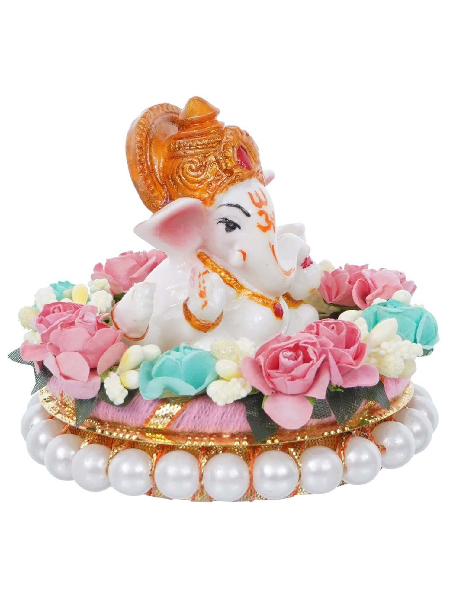 eCraftIndia Lord Ganesha Idol on Decorative Handcrafted Plate with Colorful Flowers
