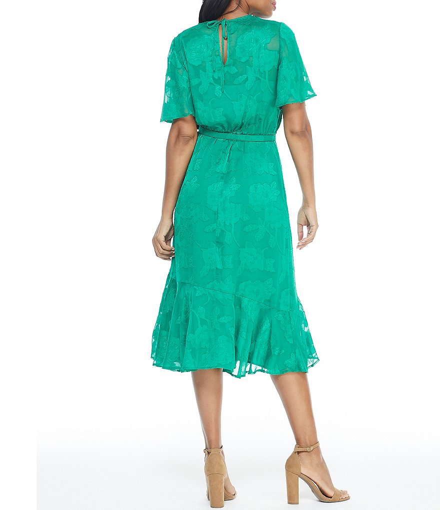 Maggy London Petite Size Tonal Floral Flutter Sleeve Ruffled Hi-Low Hem A-Line Midi Dress