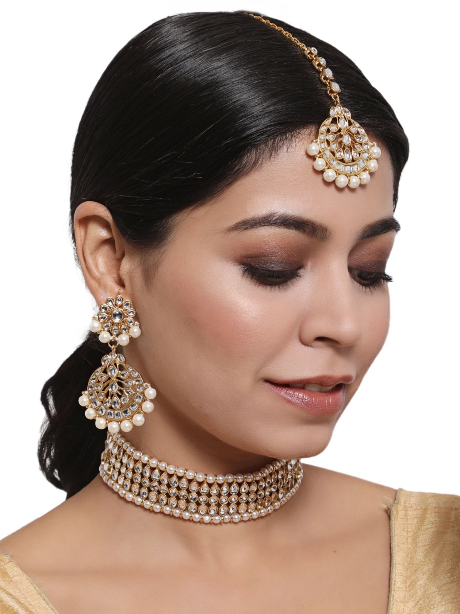 Aatmana Gold-Toned Kundan & Pearl Necklace, Earring & Maang Tikka Set