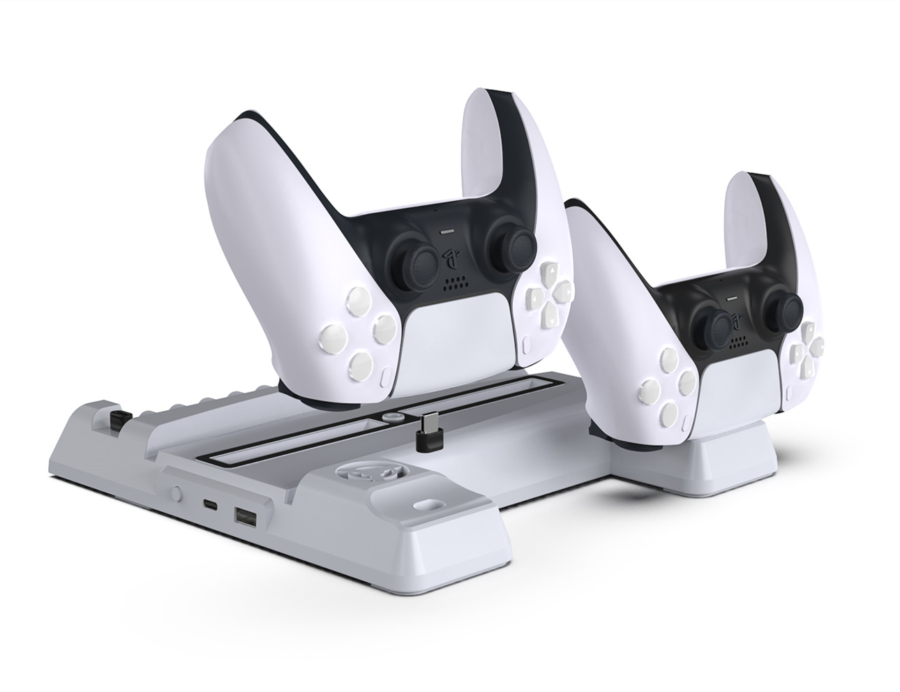 PS5/PS5 Digital Edition Stand with Suction Cooling Fan of 3-speed control and Dual Controller wireless Charger Station Suction Cooling Fan with wireless Charging Dock Station and 11 Game Slots-White