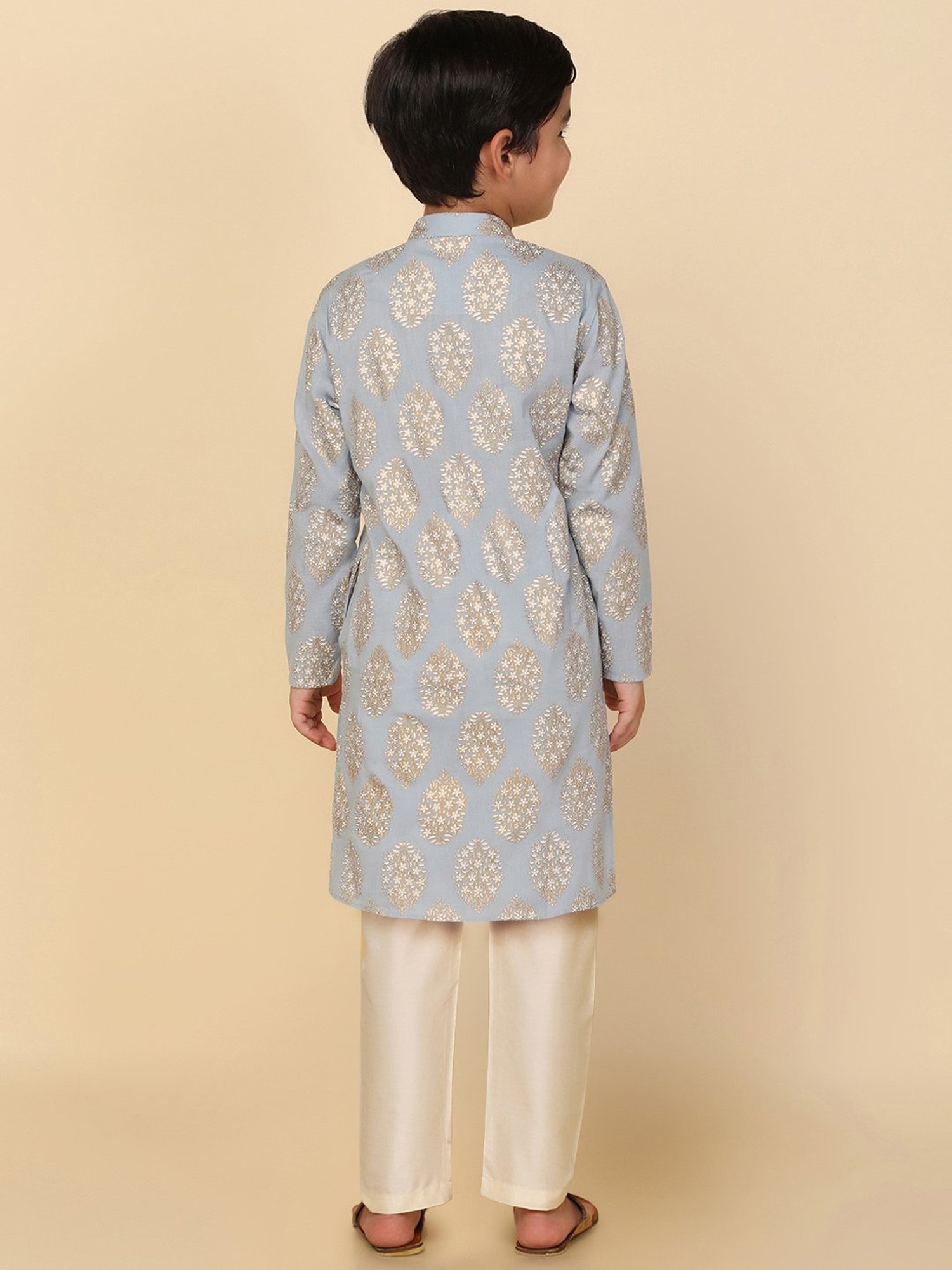 VASTRAMAY Boys Yellow & White Cotton Printed Full Sleeves Kurta Sets