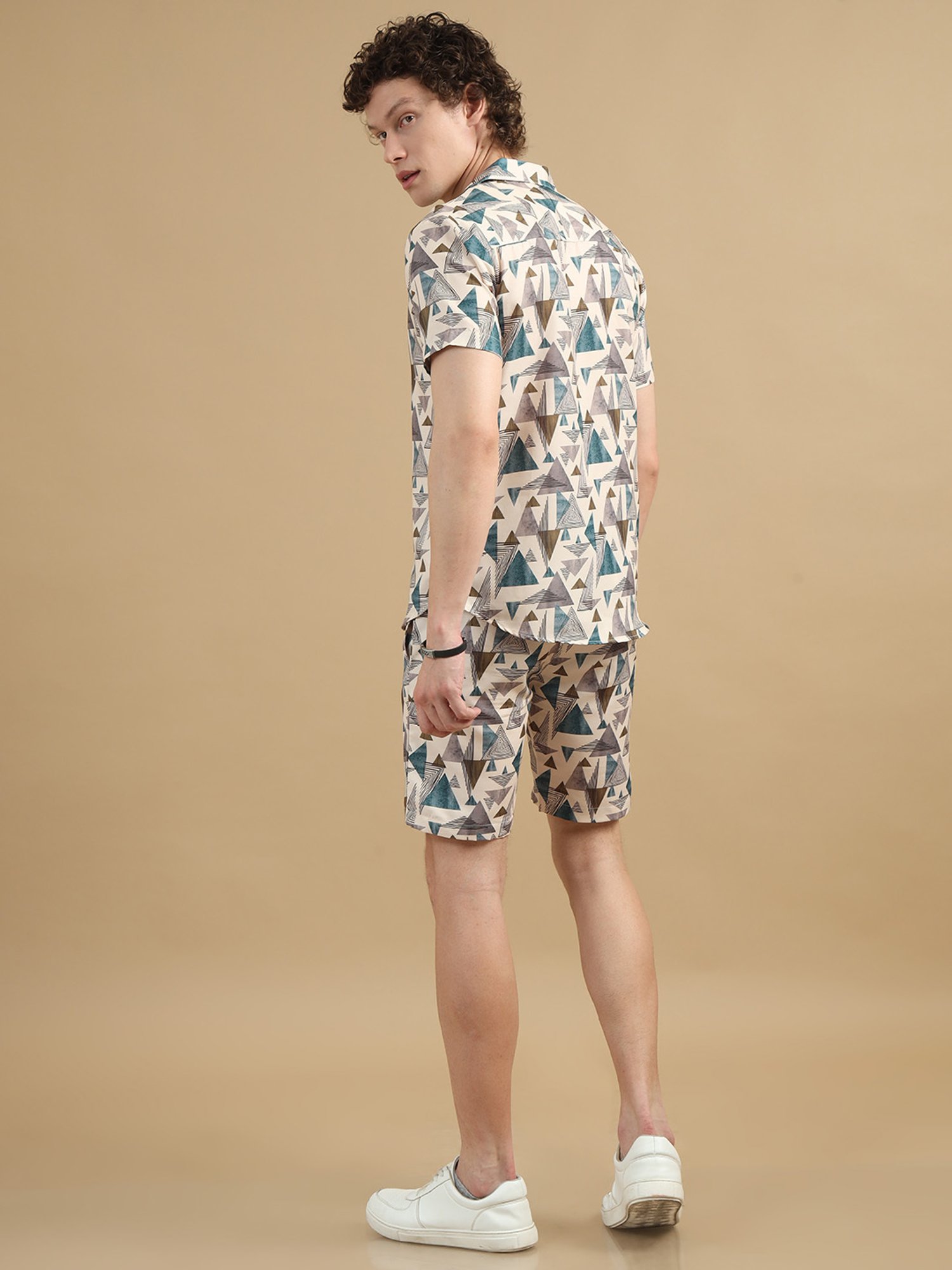 Bushirt Cream Regular Fit Printed Shirt & Shorts Set