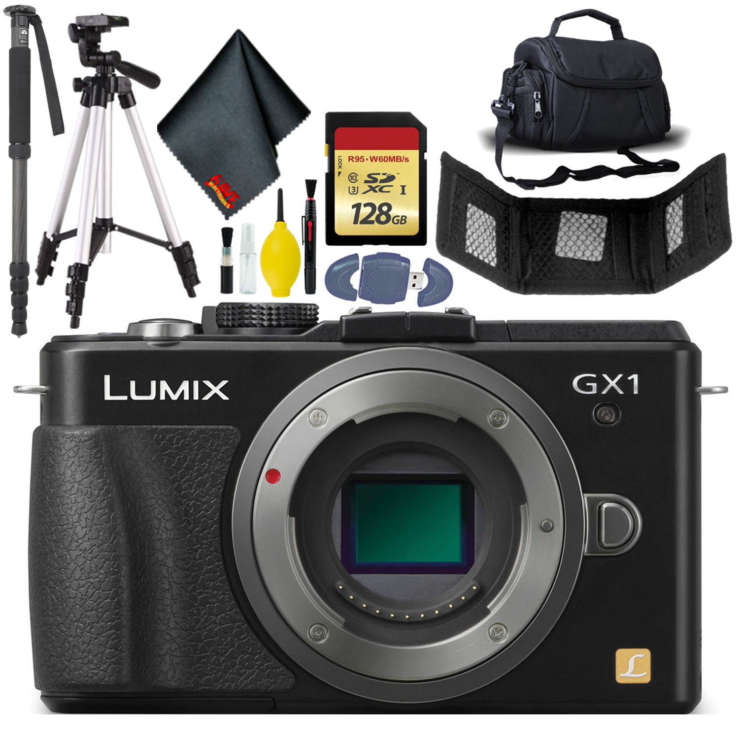 Panasonic LUMIX DMCGX1 Camera KitBox-No Lens - Battery - 128GB - Tri + Monopod +