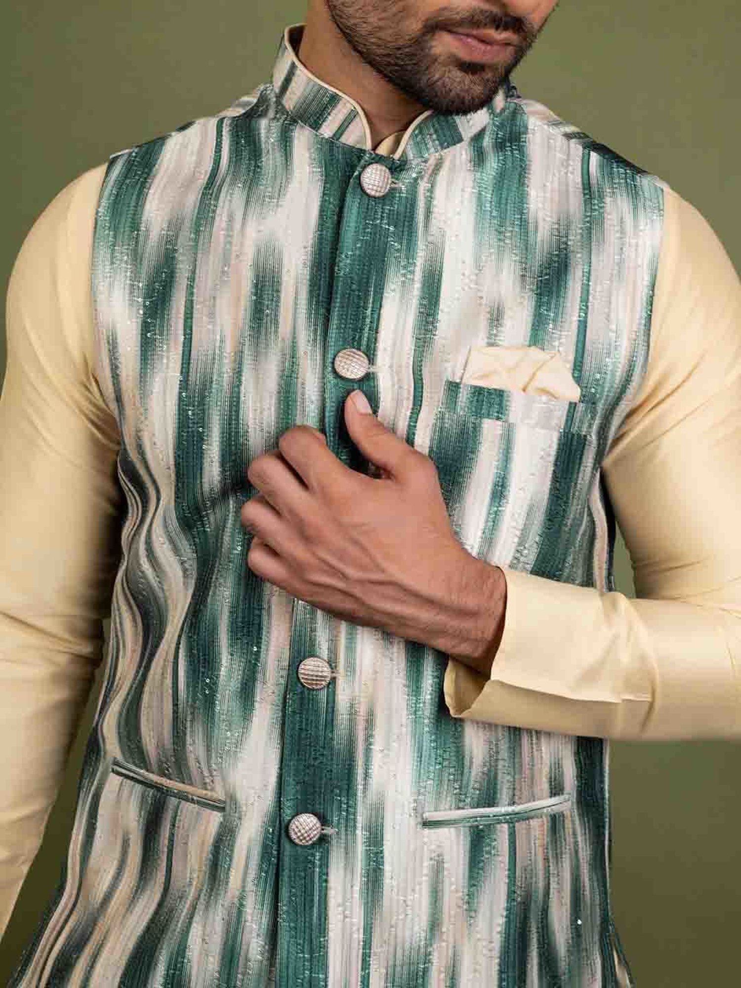 KISAH Green & Beige Regular Fit Self Design Kurta & Churidar With Nehru Jacket
