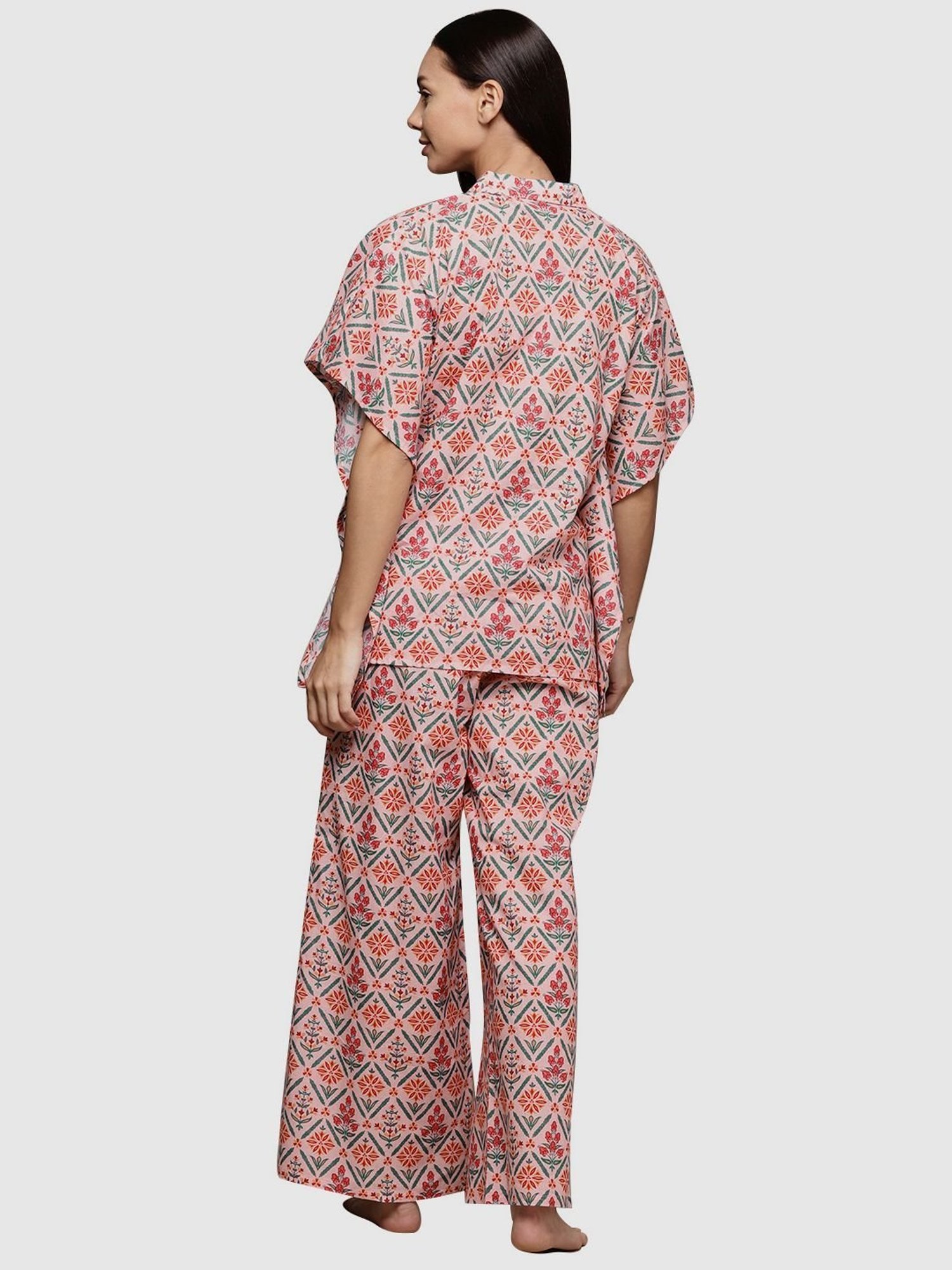 Ziyaa Peach Cotton Floral Print Kaftan Pyjama Set