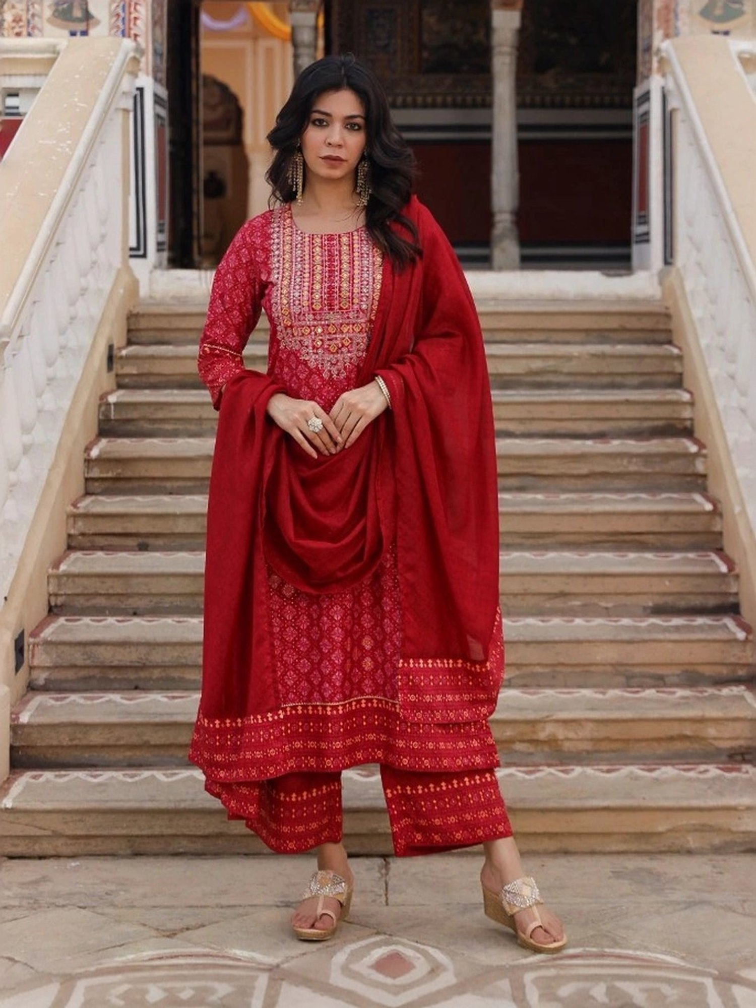 Juniper Red Cotton Embellished Kurta Pant Set With Dupatta