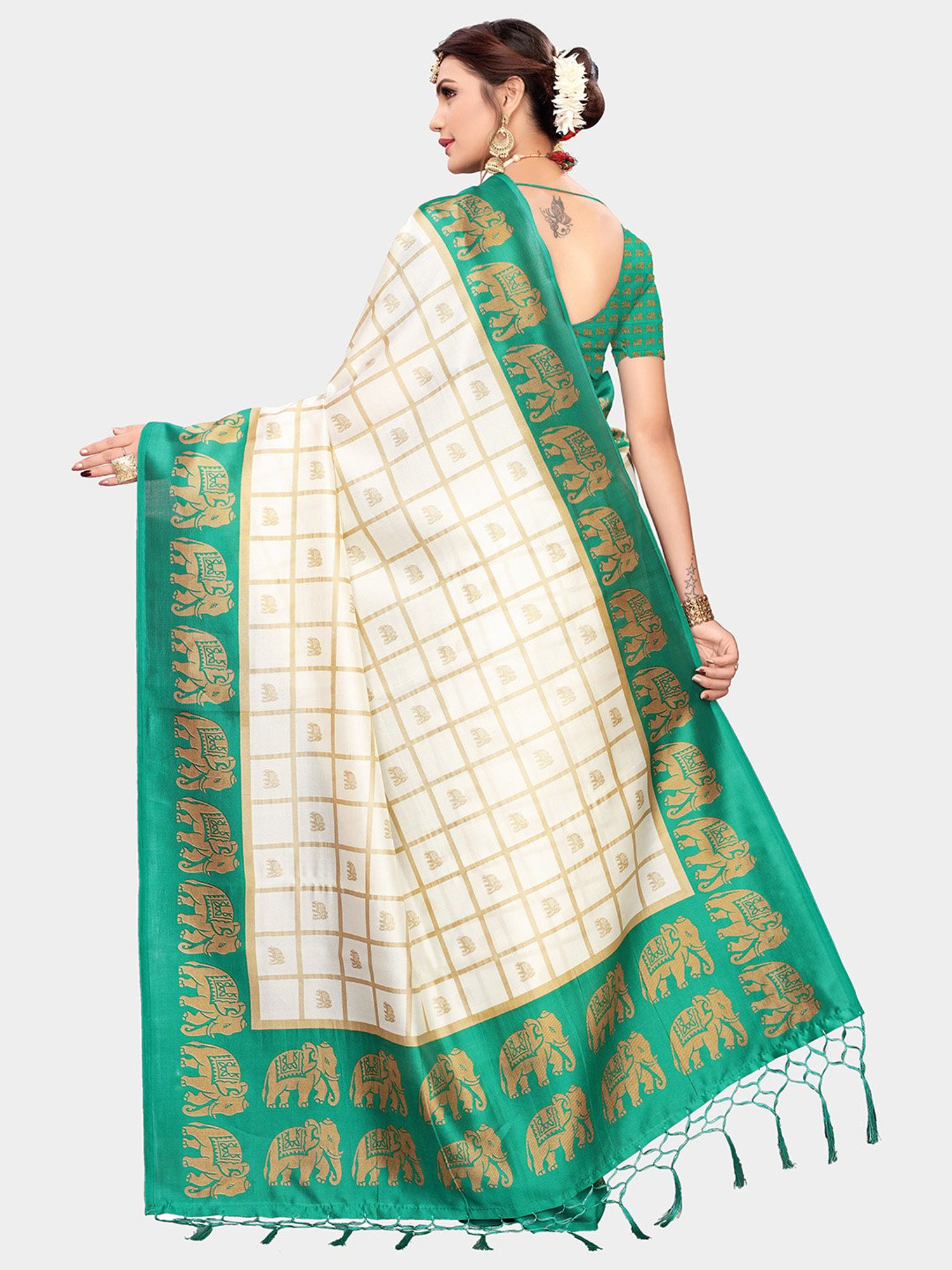 KSUT Green & Beige Check Saree With Blouse