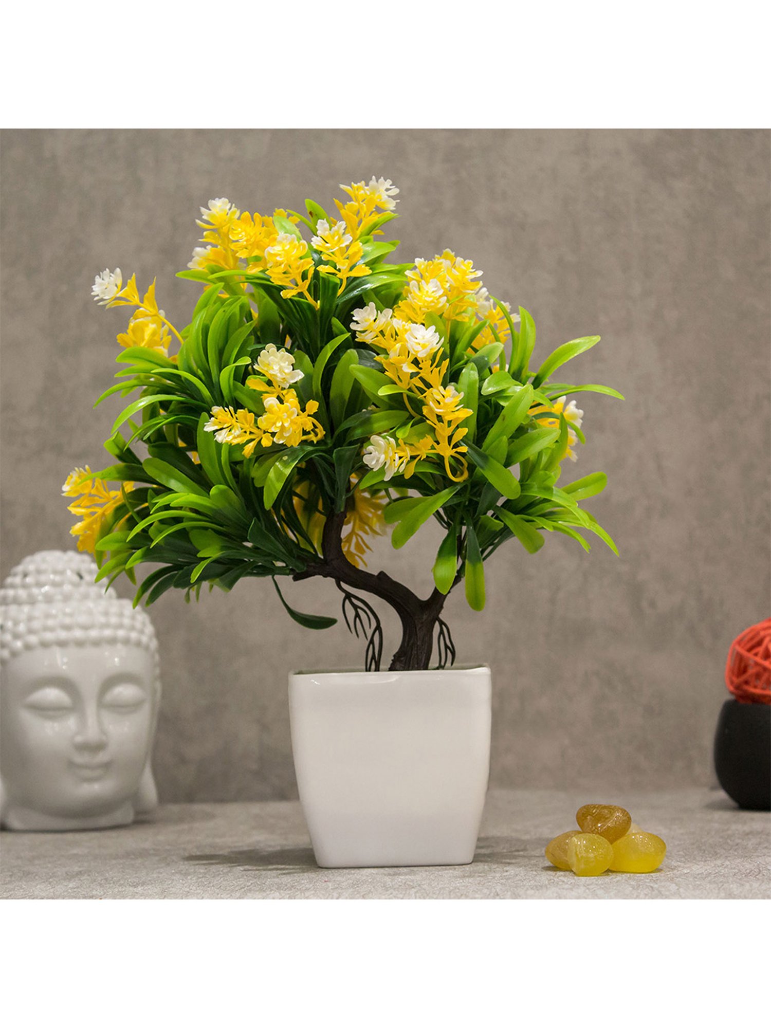 Amflix Yellow Artificial Bonsai Flower Plant With Pot