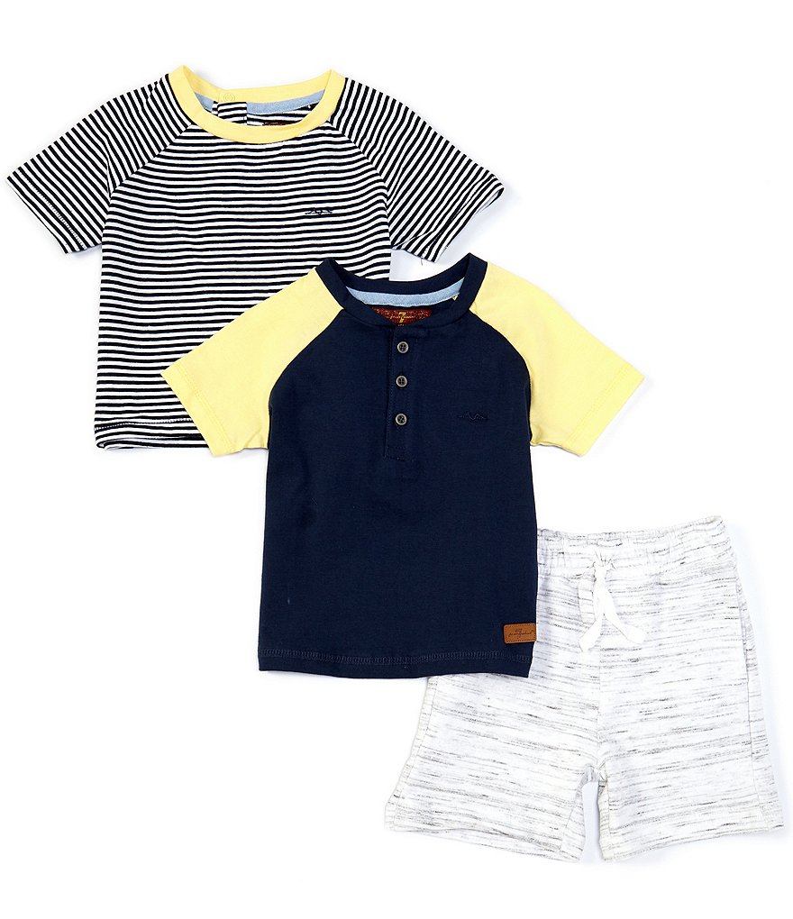 7 for all mankind Baby Boys 12-24 Months Stripe Short Sleeve Tee, Colorblocked Henley, & Knit Shorts Set