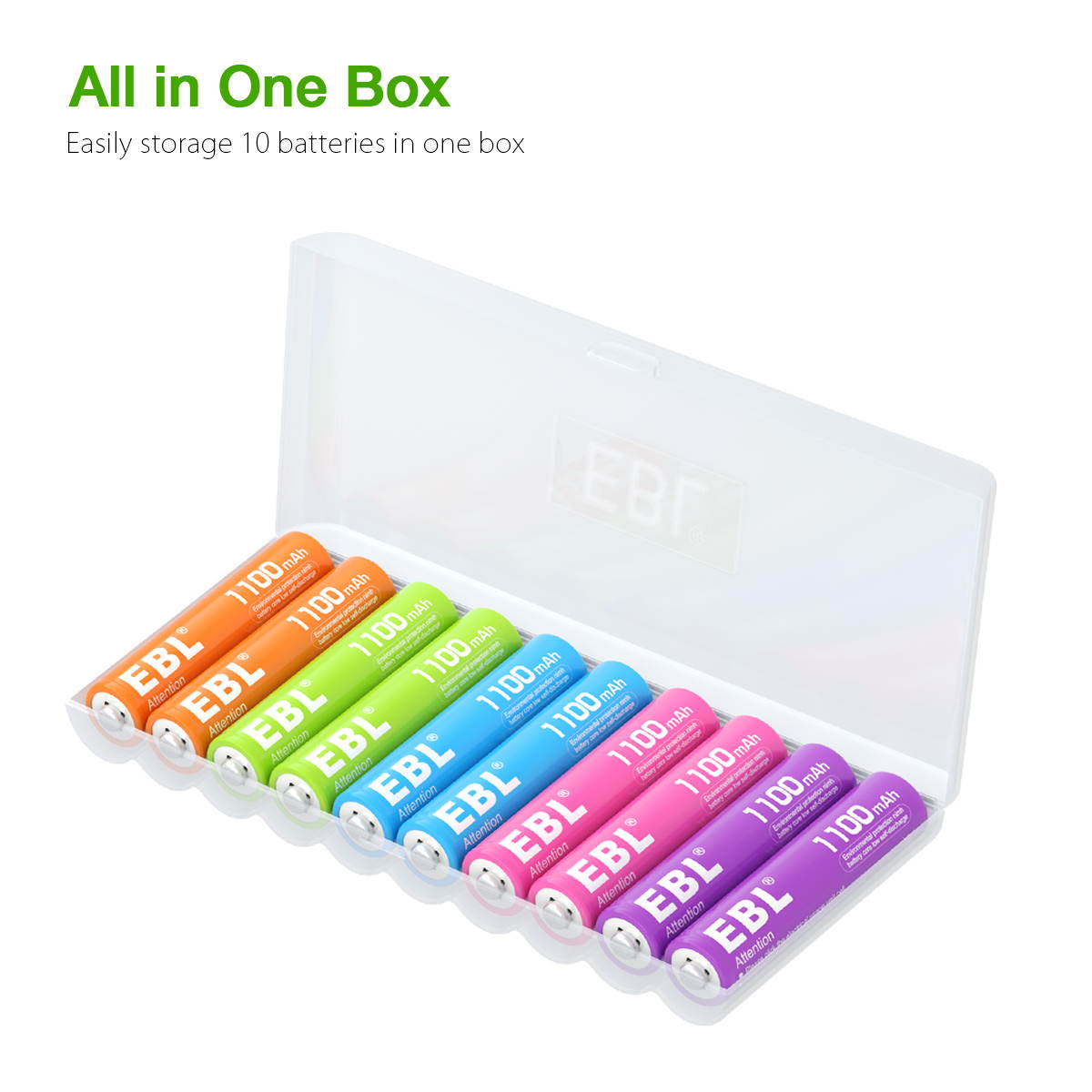EBL 10Pcs AAA Rechargeable Batteries 1.2V 1100mAh Ni-Mh Colorful Battery W/ Case