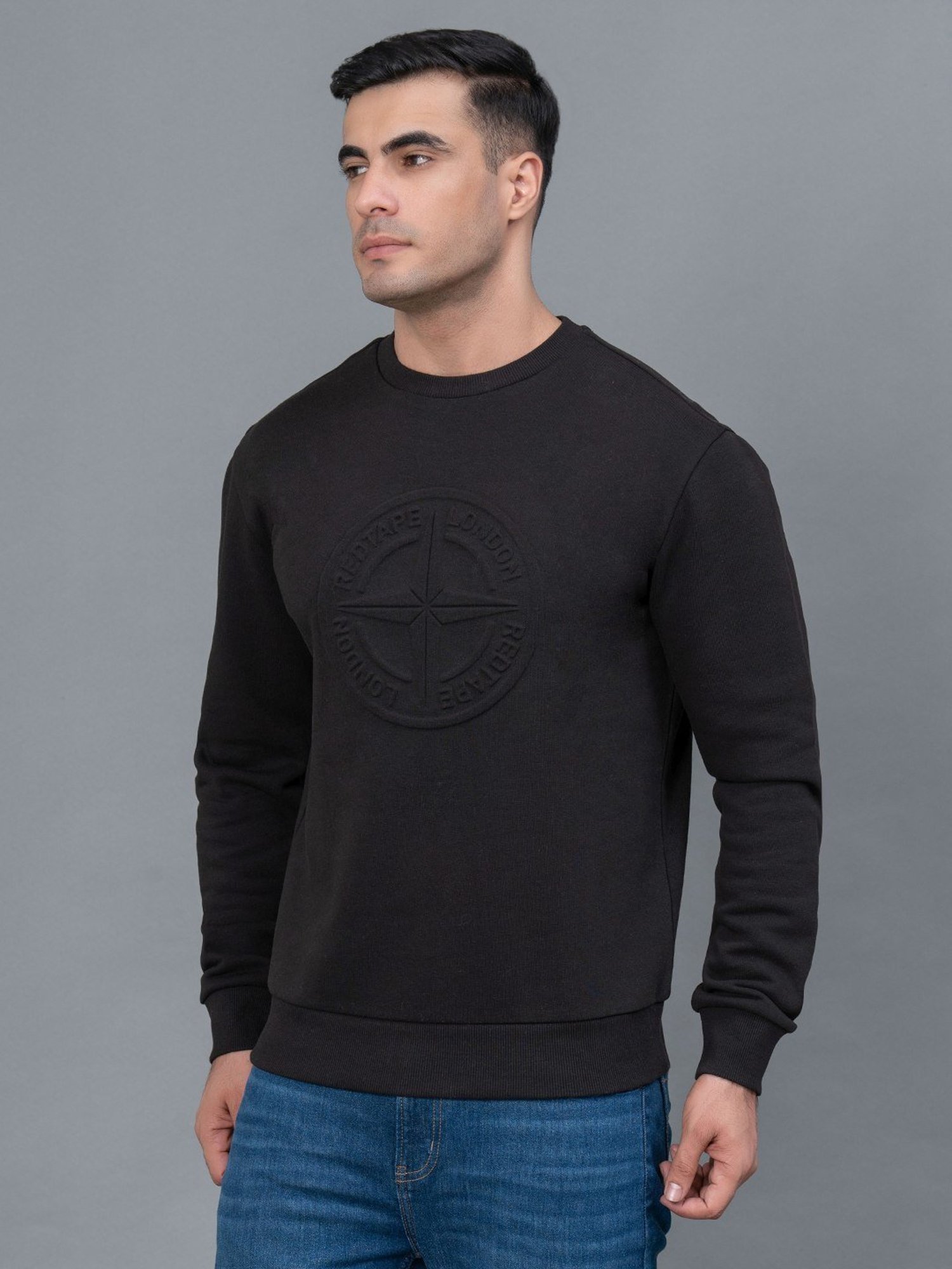 Red Tape Black Regular Fit Self Design Sweatshirt