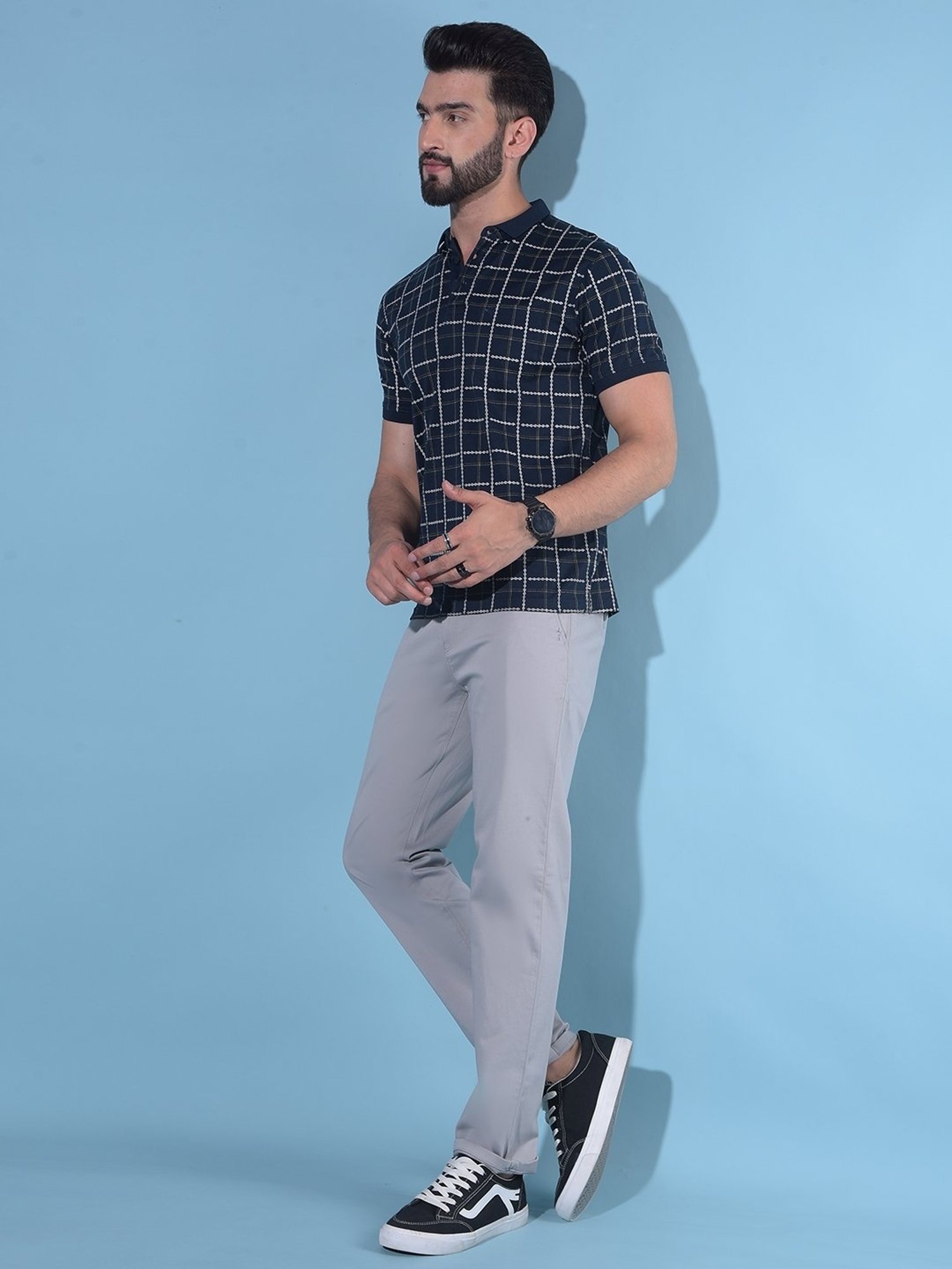 Crimsoune Club Navy Blue Cotton Slim Fit Checks Polo T-Shirt