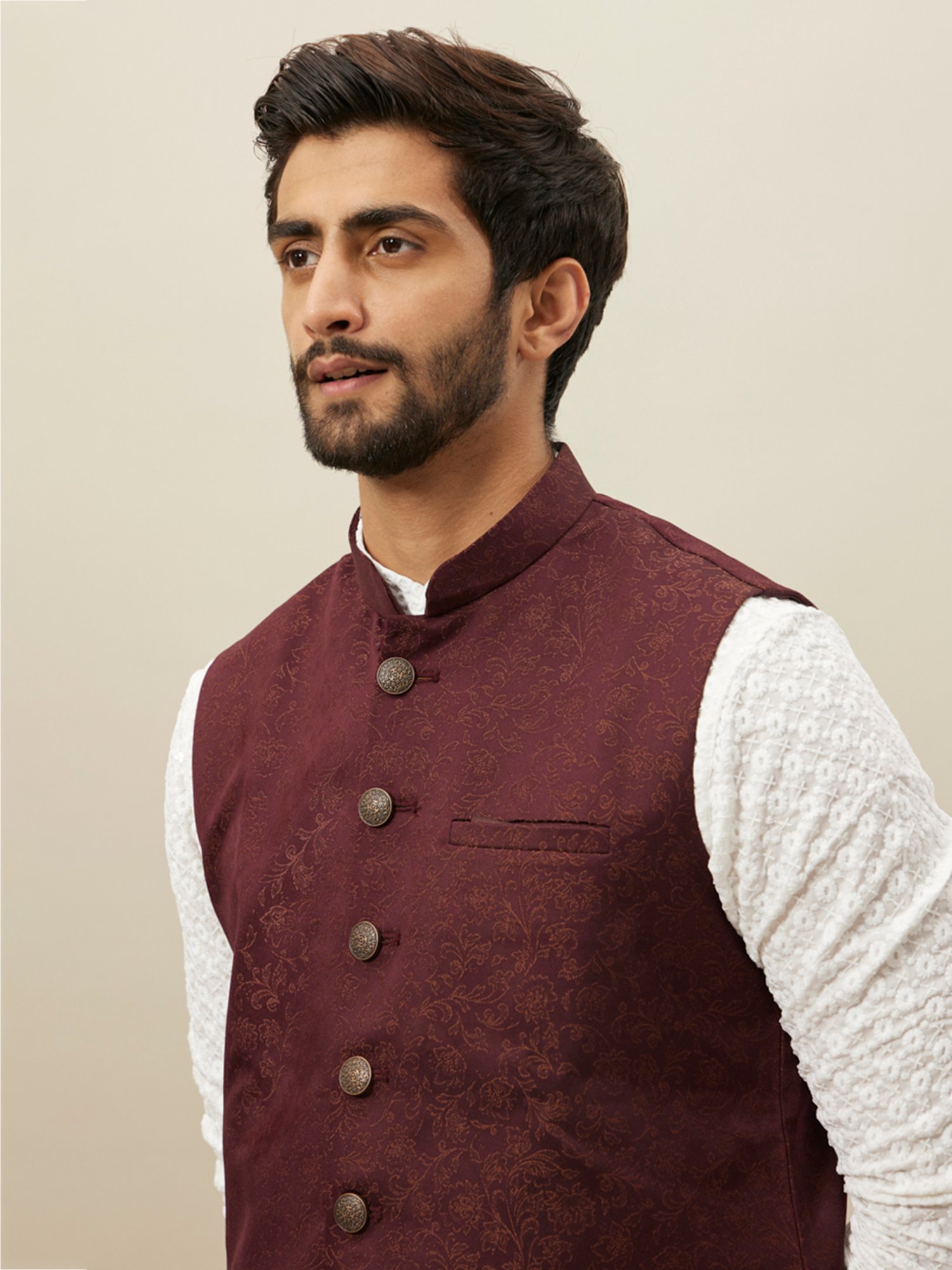 Manyavar Wine Regular Fit Printed Nehru Jacket
