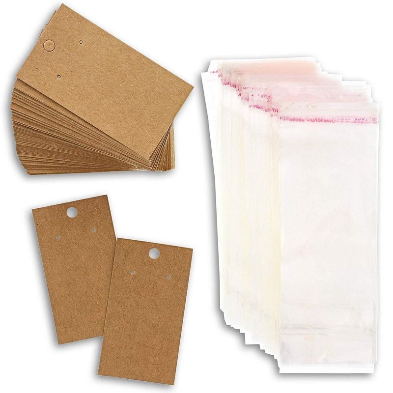 Bright Creations 200 Pack Kraft Earring Display Card Holders and Self Seal Bags