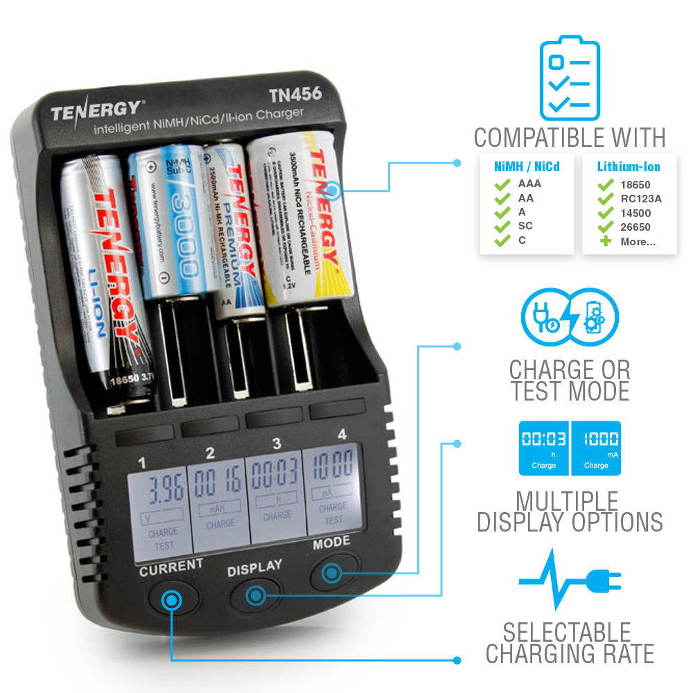 Tenergy TN456 Intelligent Universal Digital Battery Charger for Li-ion NiMH NiCd Rechargeable Batteries - 4 Slots, LCD Screen, USB Output Plug