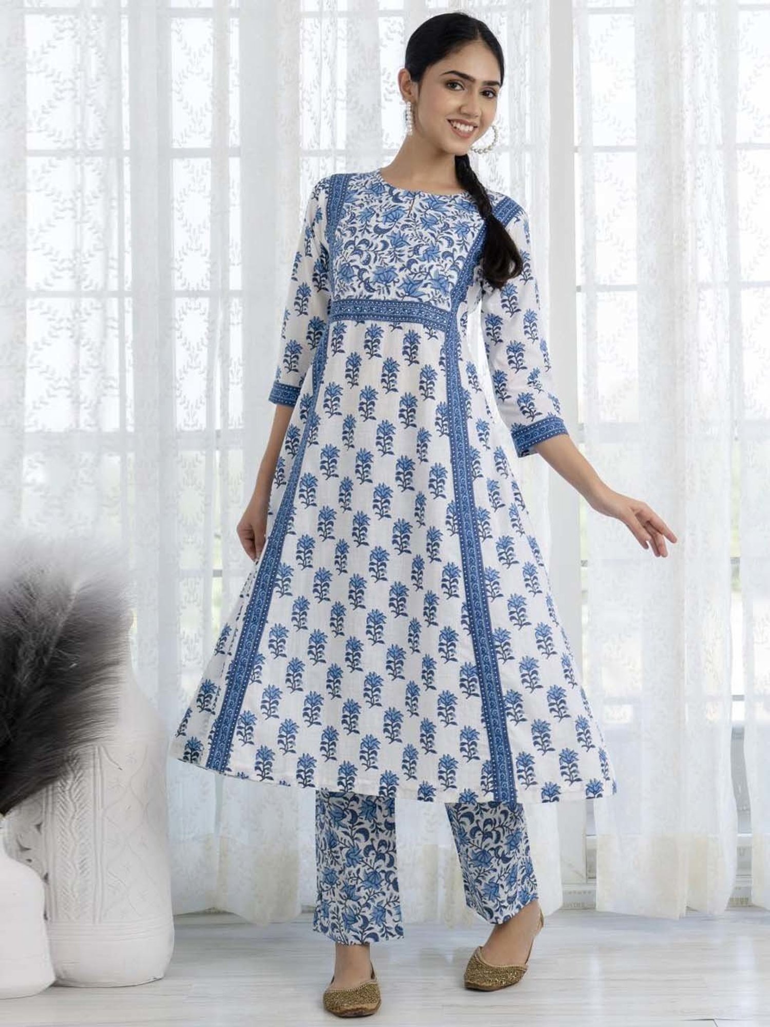 Ekohum Blue Printed A-Line Kurta with Printed Pant and Dupatta Set