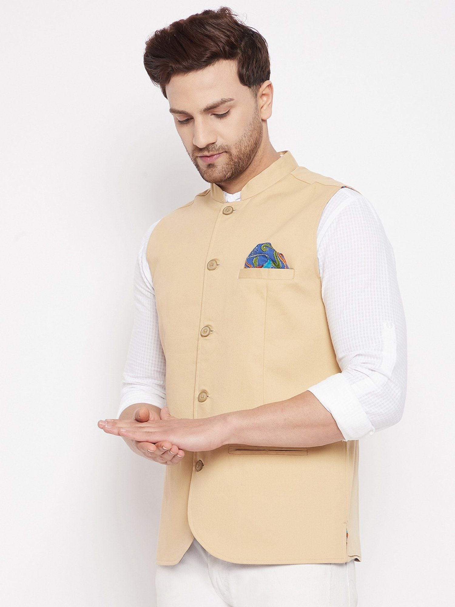 Even Beige Regular Fit Nehru Jacket