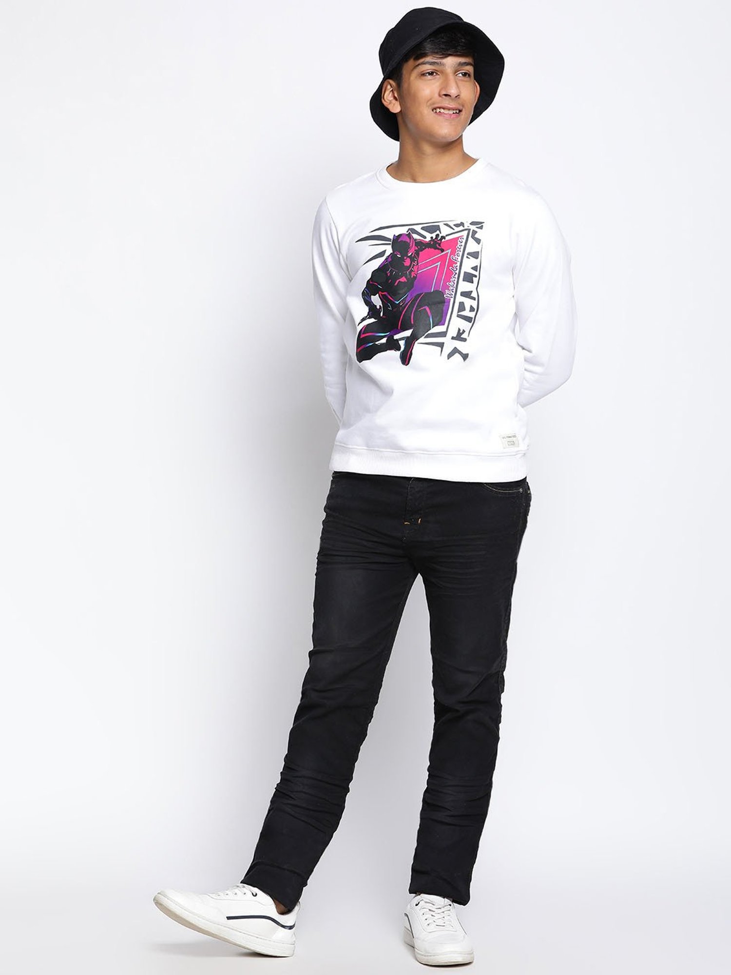 Lil Tomatoes Kids White Black Panther Print Full Sleeves Sweatshirt