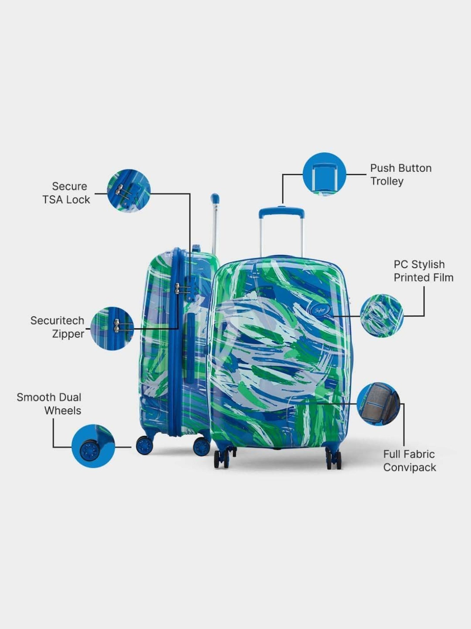 Skybags Abstract Green & Blue Printed Hard Medium Trolley Bag - 49 cm