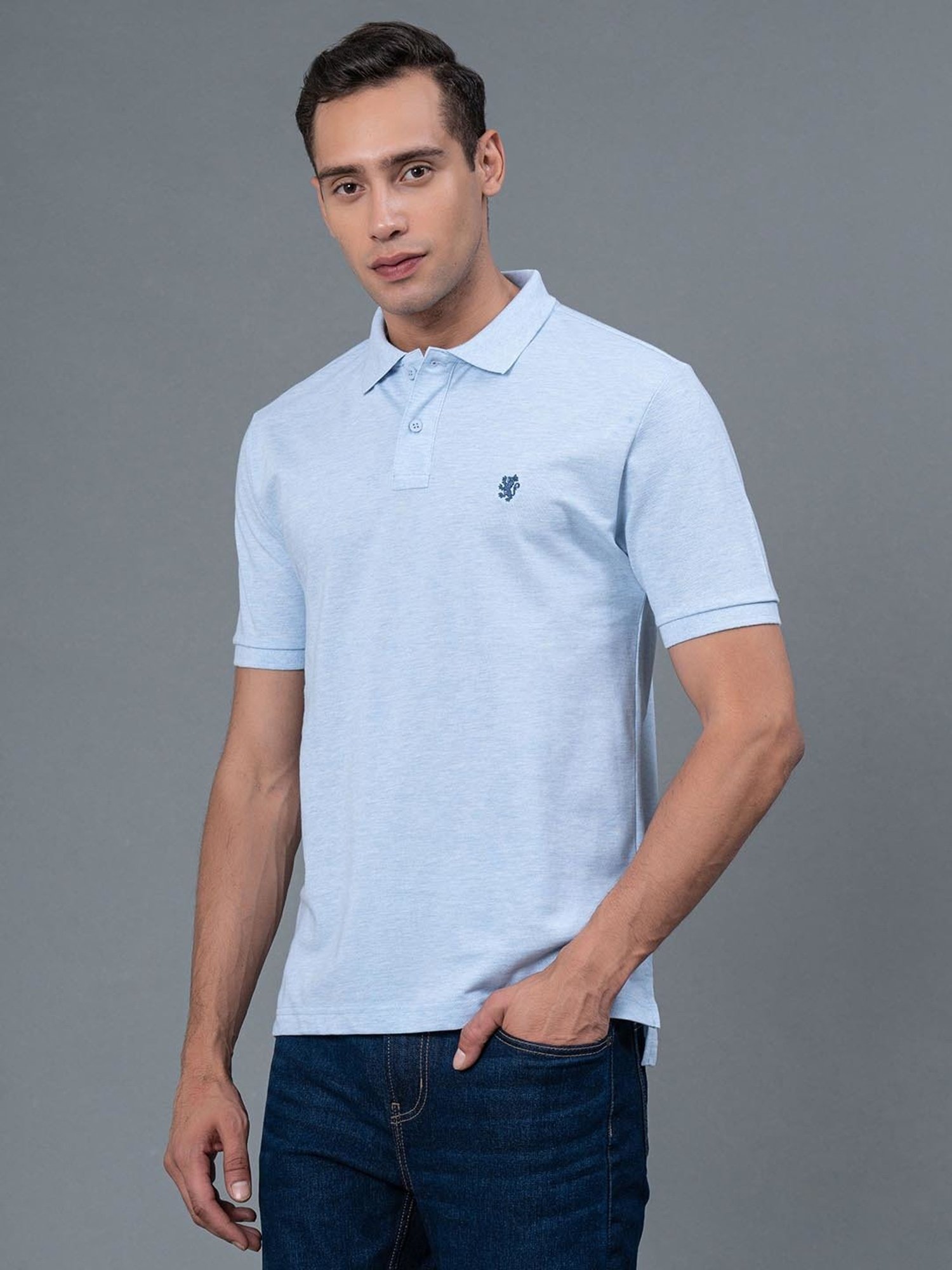 Red Tape Light Blue Melange Regular Fit Polo T-Shirt