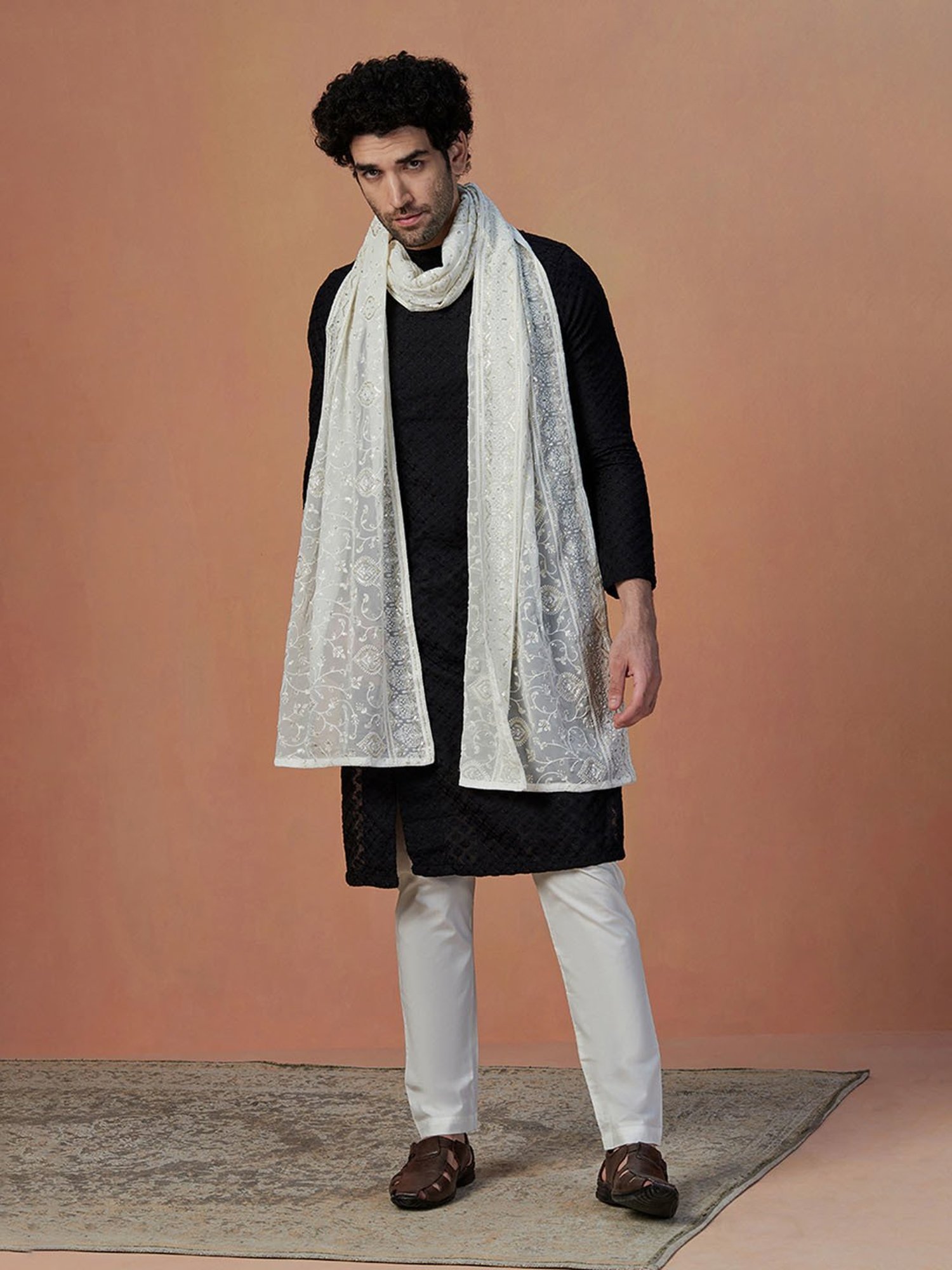 Manyavar Black & Light Beige Embroidered Kurta & Pyjama Set