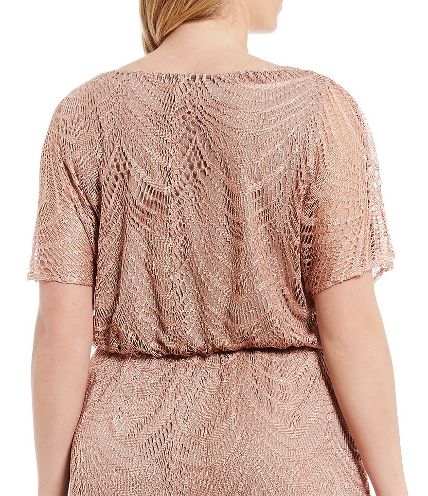 Ignite Evenings Plus Size Round Neck Short Sleeve Beaded Scallop Fringe Blouson Midi Dress