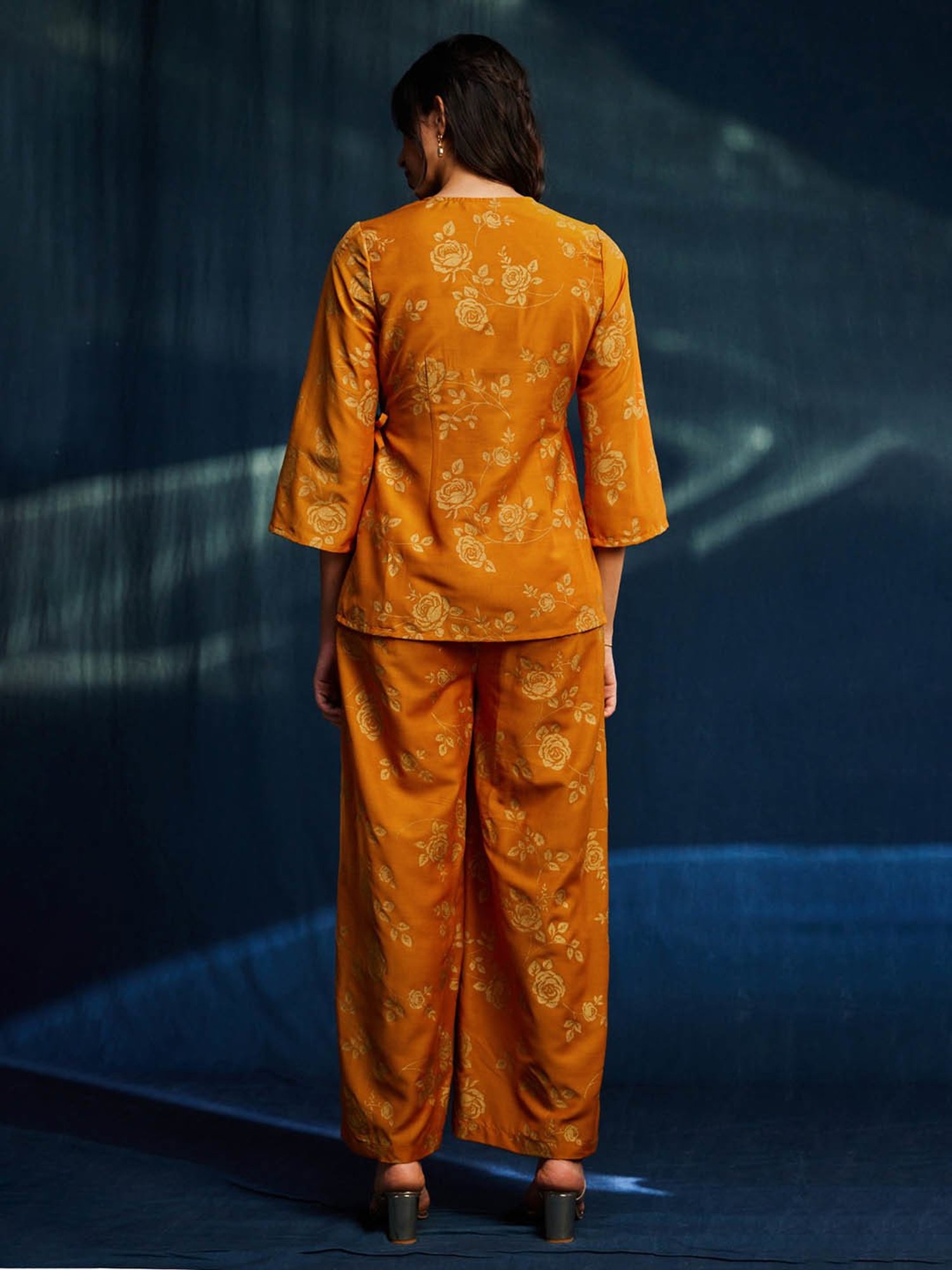 Pink Fort Yellow Floral Print Wrap Top With Pants