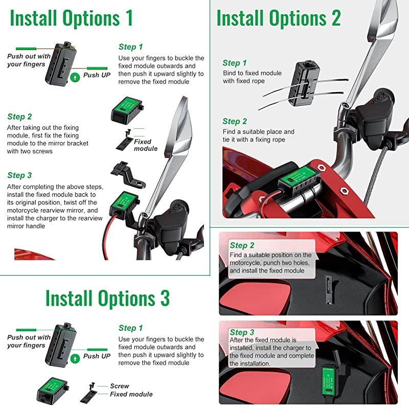 M2A Motorcycle USB Charger Kit Ring Terminal to 31Amp Dual USB Port Adapter with Voltmeter ONOff Switch3 Install Options Waterproof Quick Disconnect Plug for Smart Phone Tablet GPS Camera