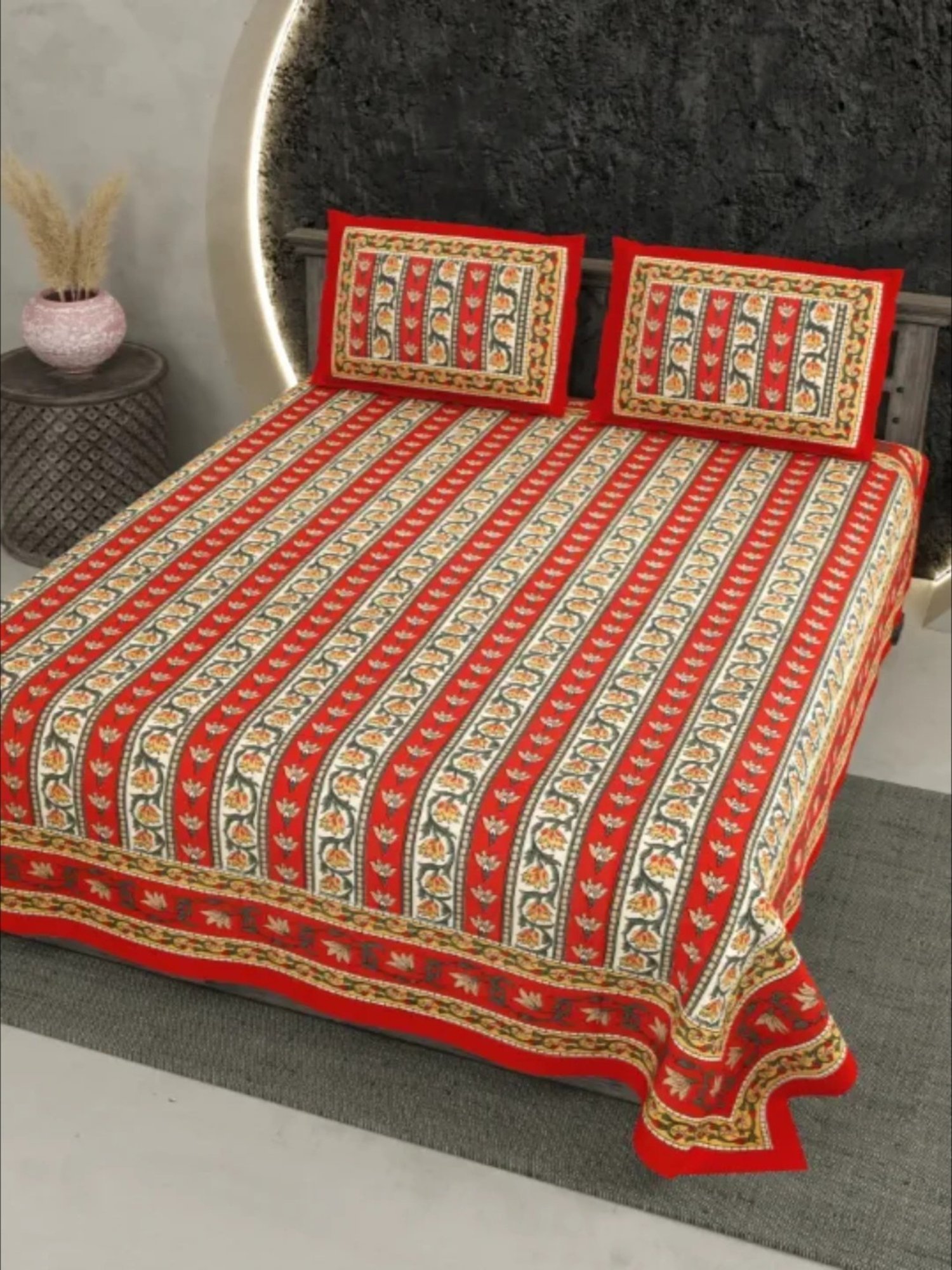 Living Roots Floral Red 300 TC Cotton Bedsheet with 2 Pillow Covers