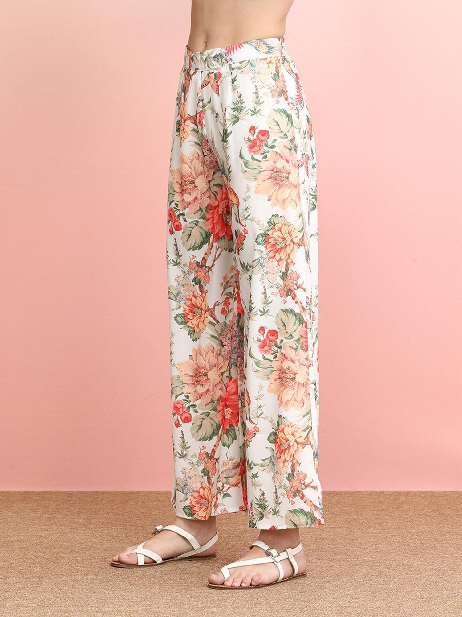 Indo Era White Floral Print Shirt Palazzo Set