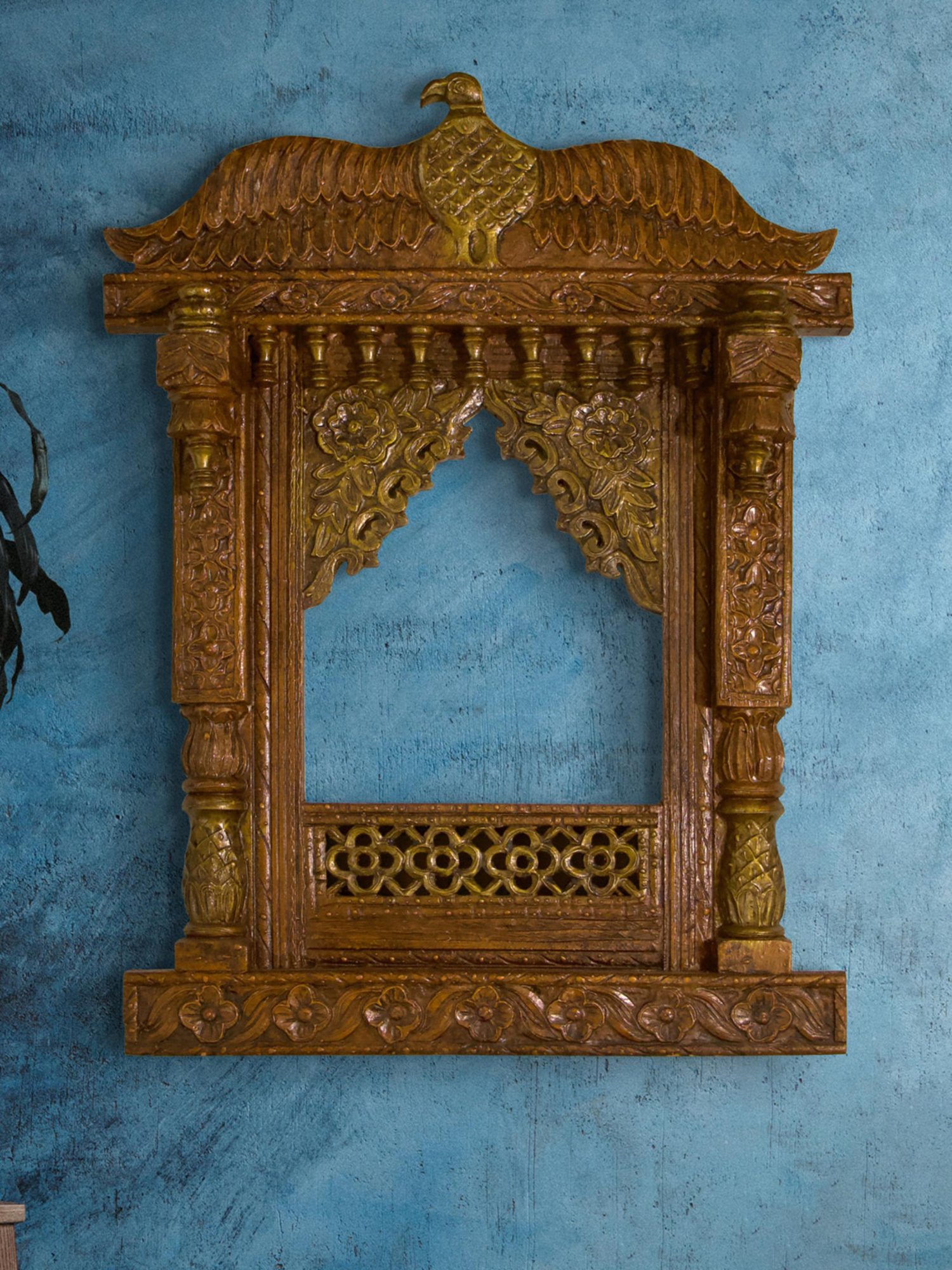 Ambi Hand Crafted Wooden Jharoka Wall Decor With A Falcon Top