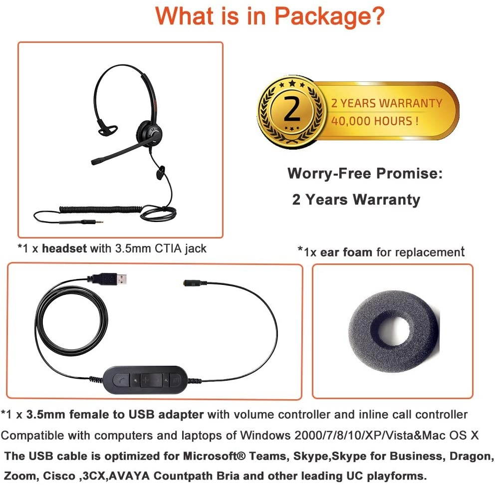 3.5mm USB Computer Headset PC Headphone with Microphone for Laptops Teams Skype Wired One Ear Cell Phone Headset for Cellphones Mobiles Tablets Androids BlackBerry Samsung iPhone Huawei iPad MacBook