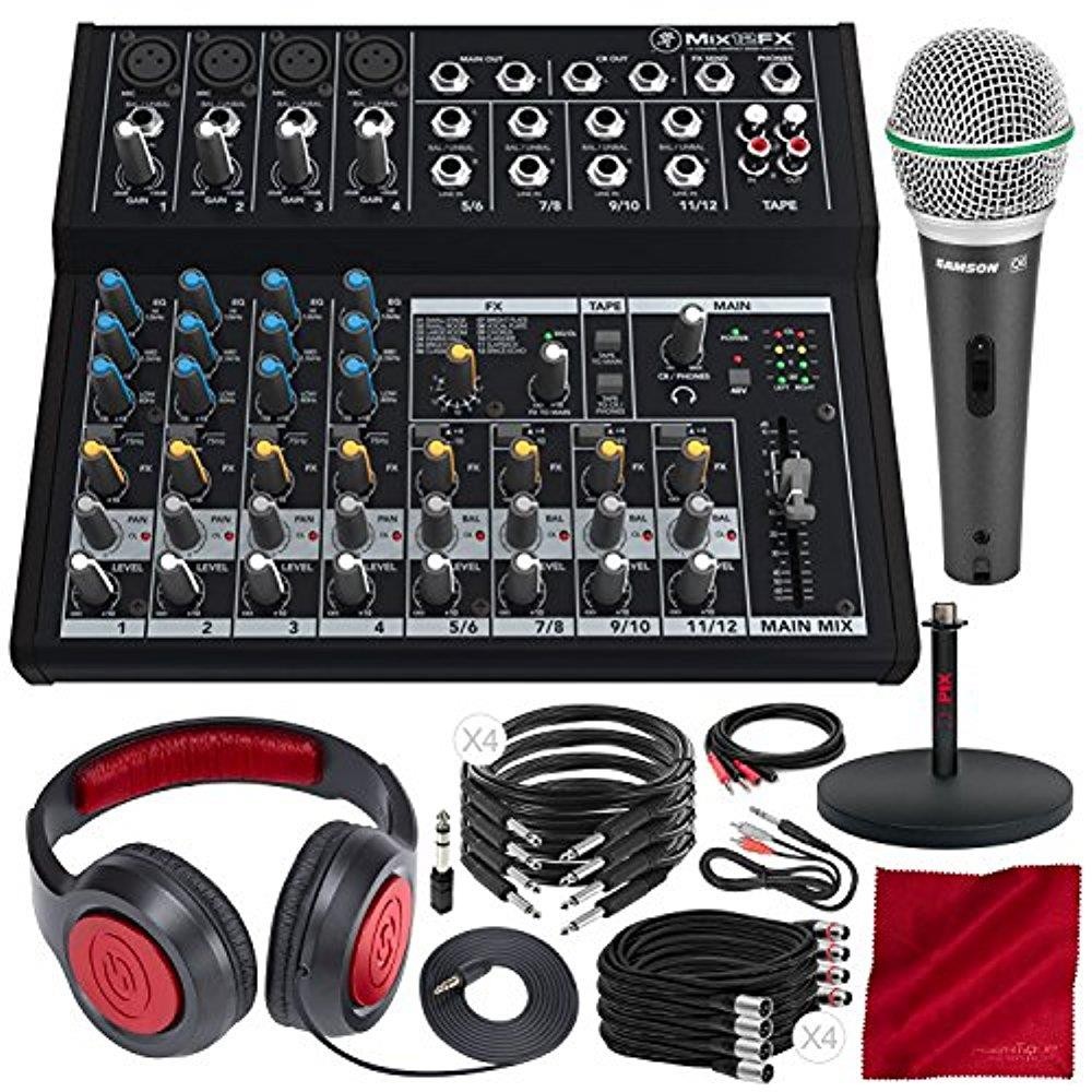 Mackie Mix Series Mix12 12-Channel Compact Mixer and Premium Bundle with Dynamic Microphone + Xpix Desktop Studio Mic Stand + Headphones + More