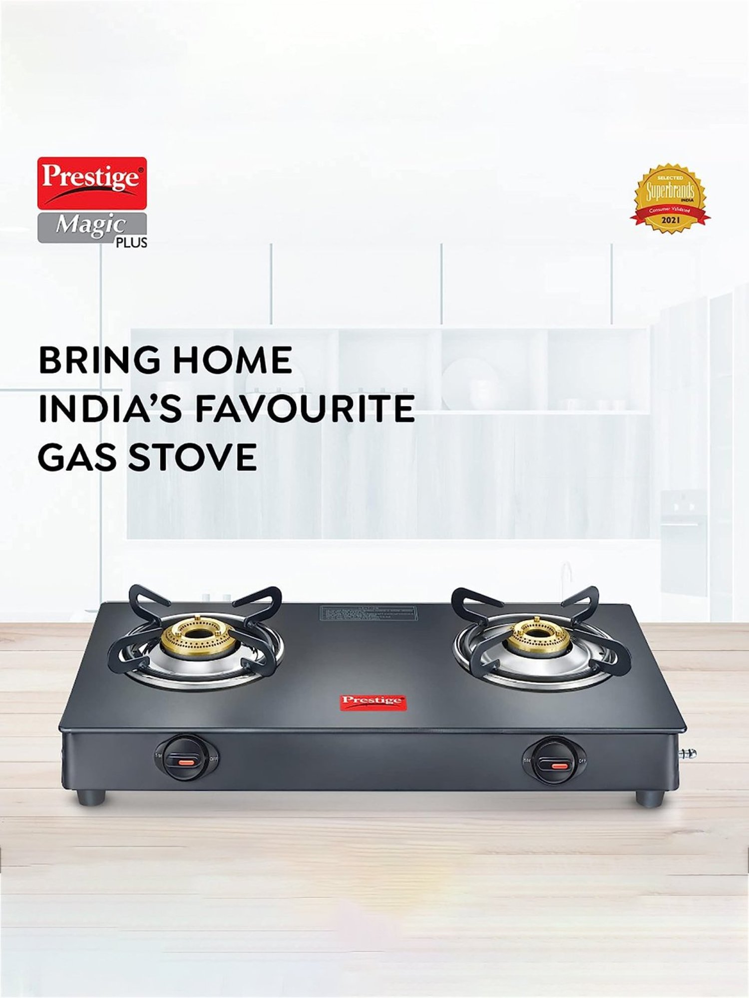Prestige Magic Plus GTMP-02 Black Powder Coated Toughened Glass Gas Stove With 2 Brass Burner