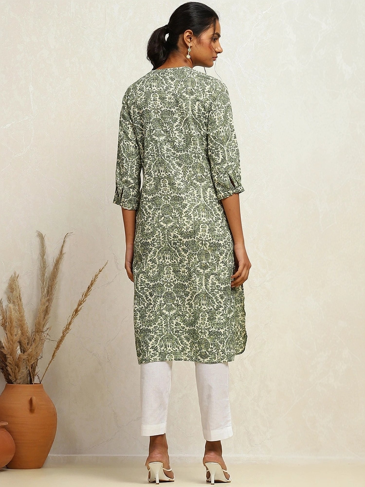 Biba Green Cotton Printed Straight Kurta