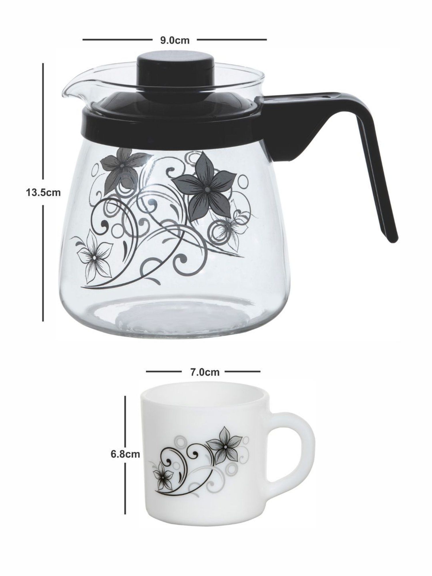 Cello Floral Multicolor Opalware Tea Set - Set of 6 Cups (180ml) & 1 Tea Pot (750ml)
