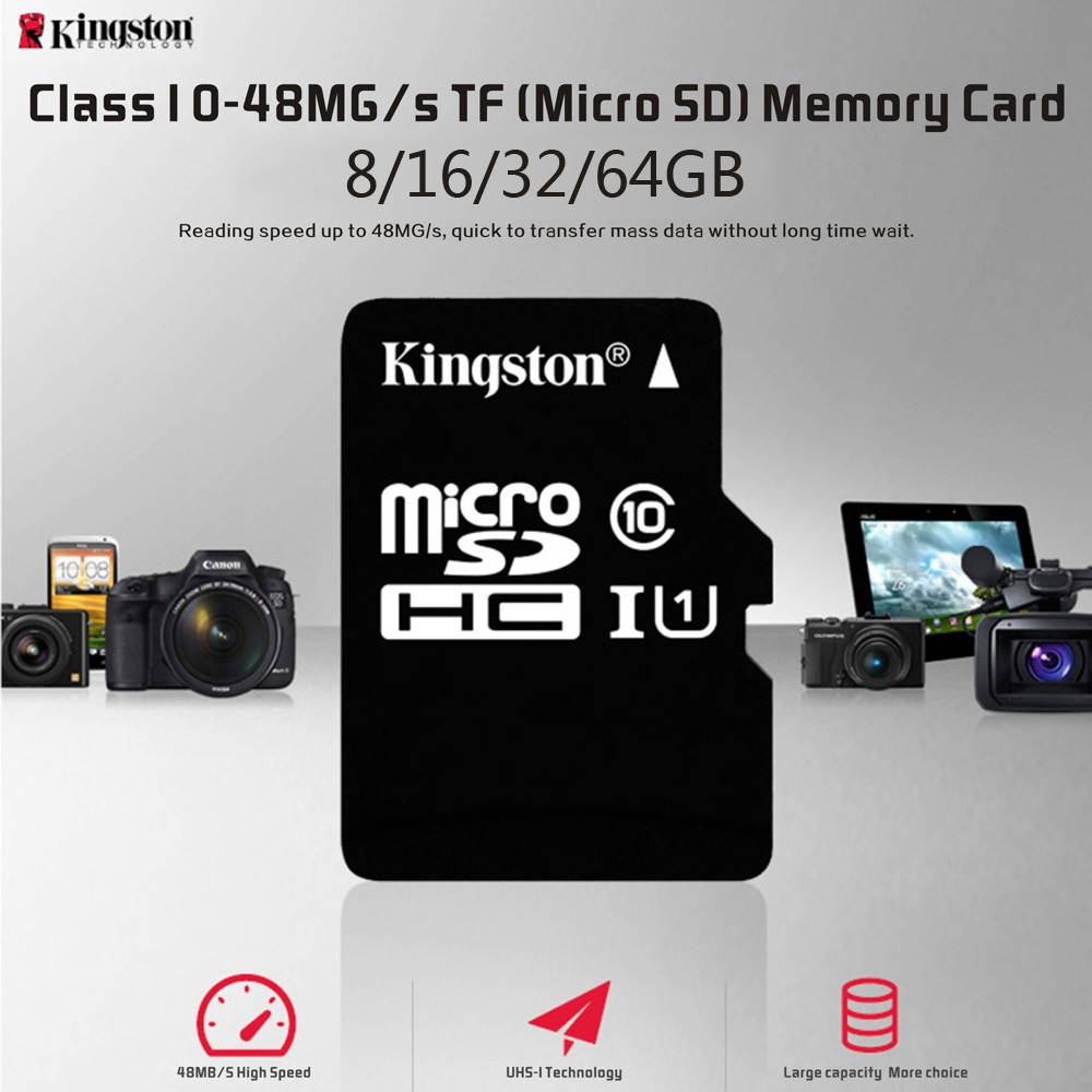 Kingston Class 10 8GB 16GB 32GB 64GB MicroSD TF Flash Memory Card 48MB/s Maximal Speed with Card Adapter