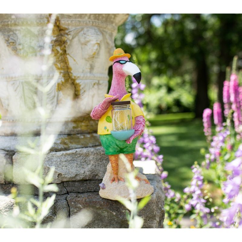 13" Solar Flamingo With Firefly Resin Jar - Exhart