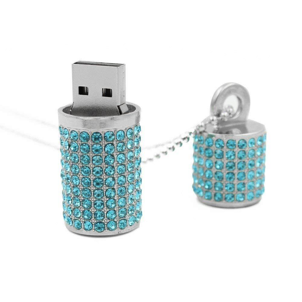 WooTeck USB Flash Drive,Bling Rhinestone Diamond Crystal Glitter Lipstick Case Shining Jewelry Necklace,64GB,Lake Blue