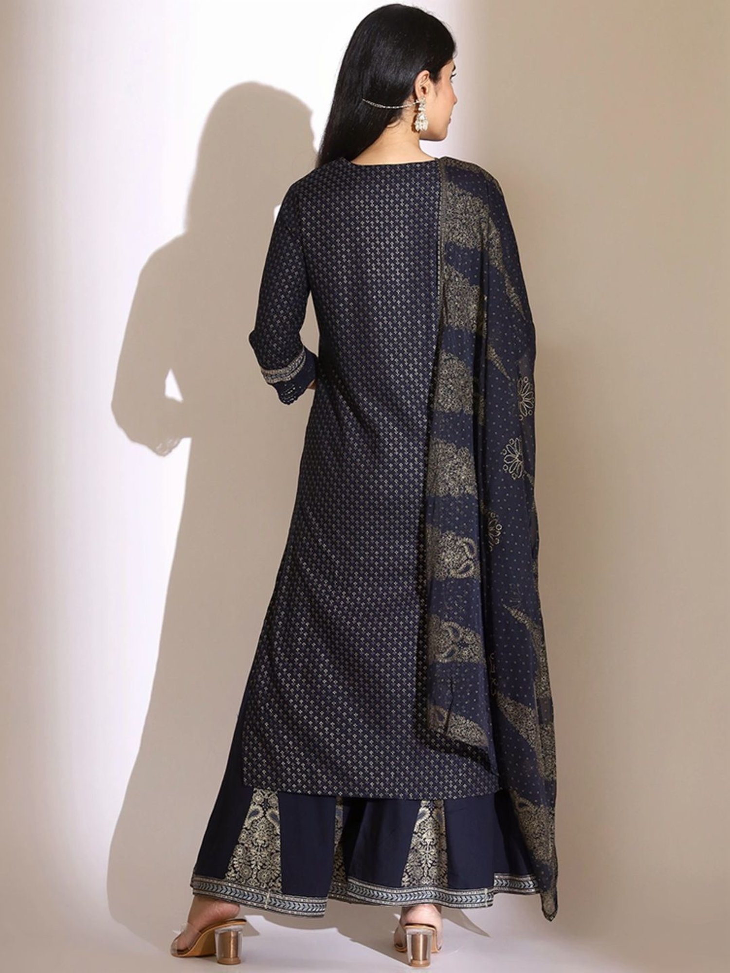 Ishin Navy Embroidered Kurta & Palazzo Set with Dupatta
