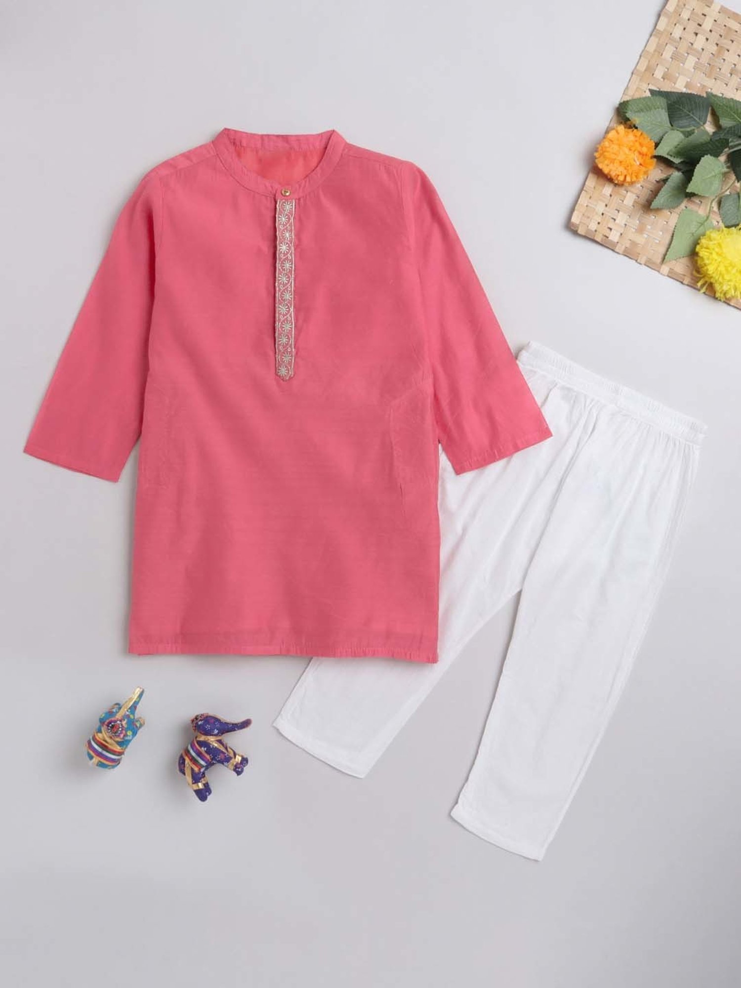 The Magic Wand Kids Pink & White Regular Fit Full Sleeves Kurta Set
