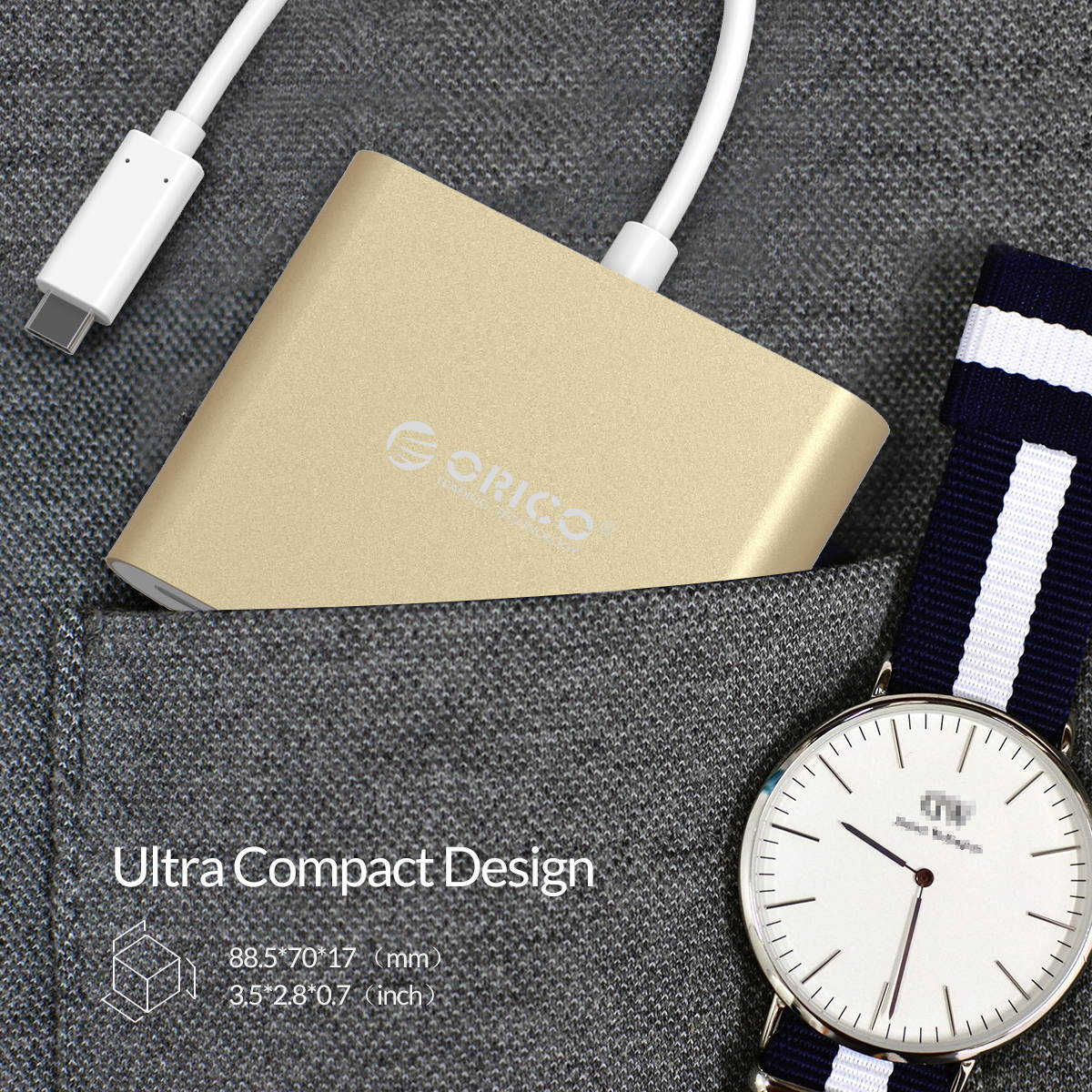 USB C Hub ORICO Portable USB-3.1 Type-C  HUB to 2-USB 3.0 Ports with SD/TF Memory Card Reader Type-C PD Charging Laptop Docking Stations for MacBook/New MacBook Pro/ChromeBook