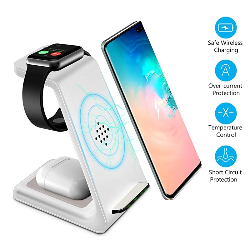 Wireless Charging Stand,  3 in 1 Wireless Charger Dock Station for Apple Watch 6 SE 5 4 3 2, Airpods 2/Pro, iPhone 12/12 Pro/12 Pro Max/ 11/11 Pro/X Qi-Certified Phones White