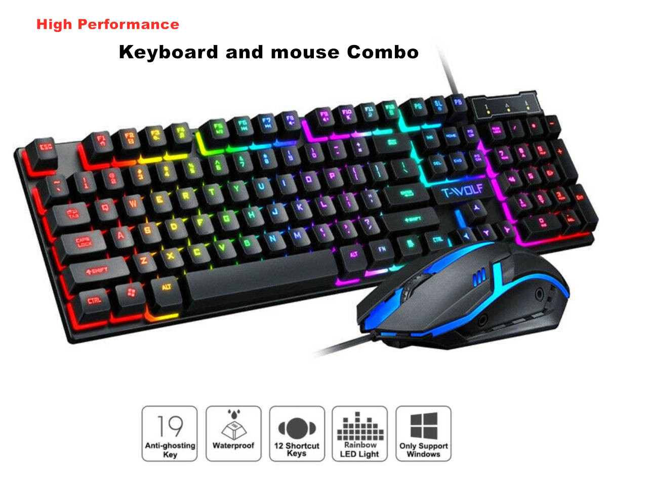 High Performance Gaming Keyboard and Mouse Combo, LED Rainbow Backlit USB Wired Computer Keyboard 104 Key, Spill-Resistant Design, Ergonomic Wrist Rest Keyboard Mouse Set for Windows PC Gamer - Black