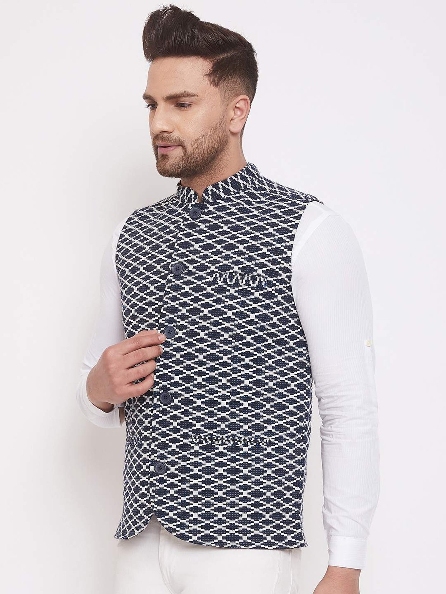Even Blue Regular Fit Self Pattern Nehru Jacket