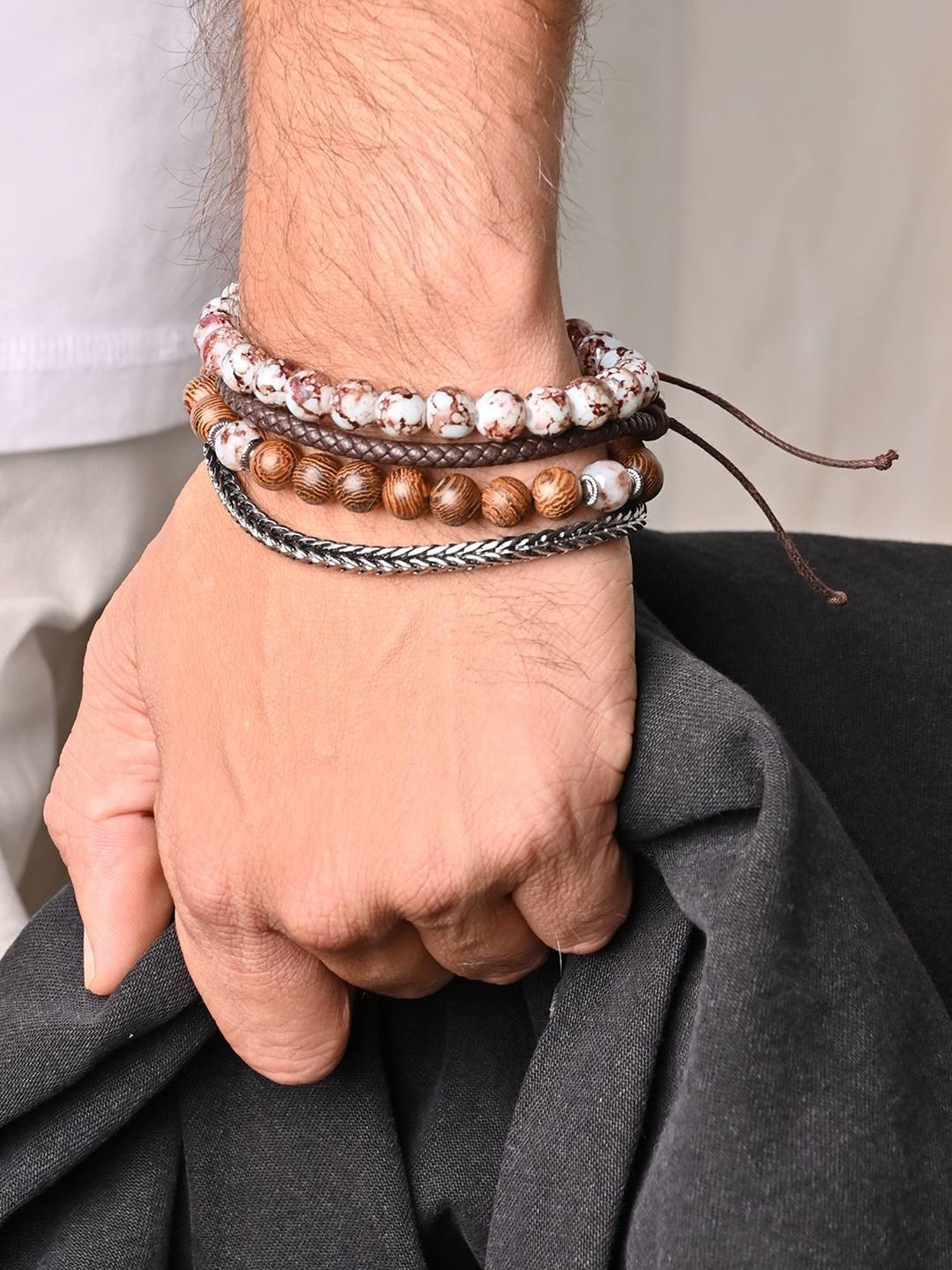 The Bro Code Brown Party Men's Beaded, Cuban Link with Fabric Knotted Stack Bracelet - Set of 4