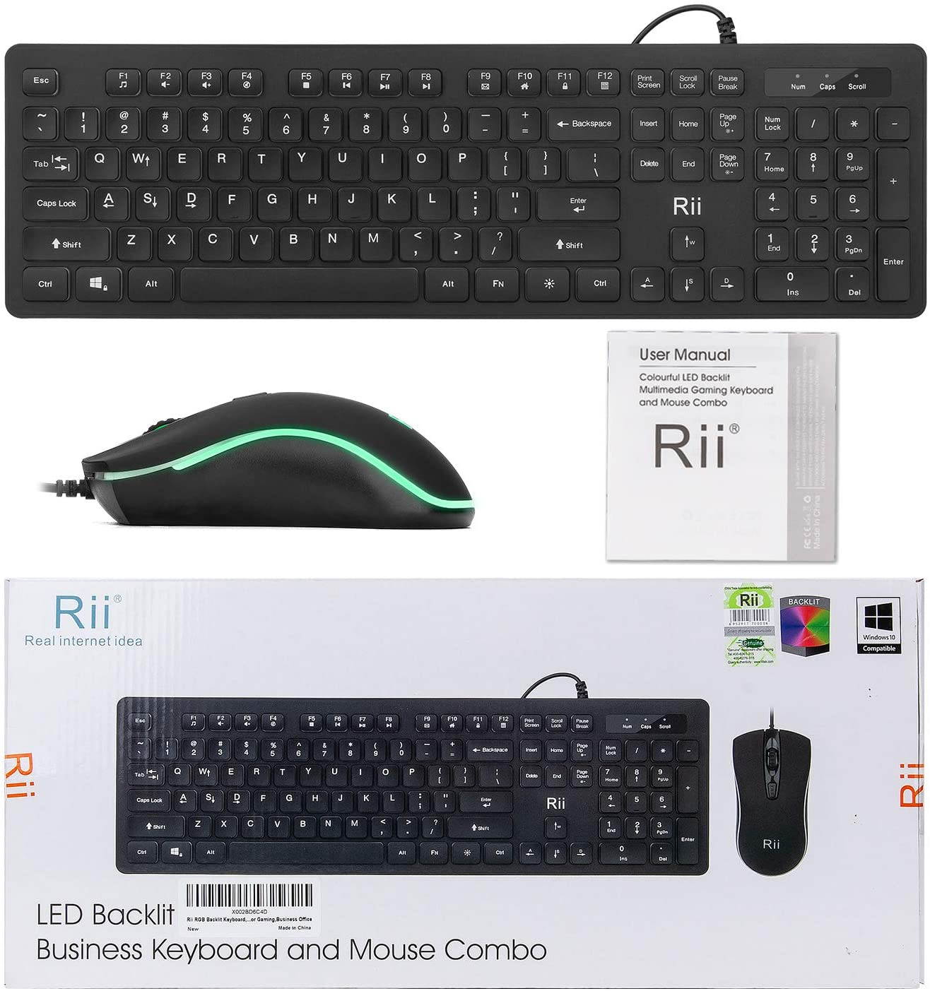 Rii RGB Backlit Business Keyboard,Gaming Keyboard and Mouse Combo,USB Wired Keyboard,RGB Optical Mouse for Gaming,Business Office