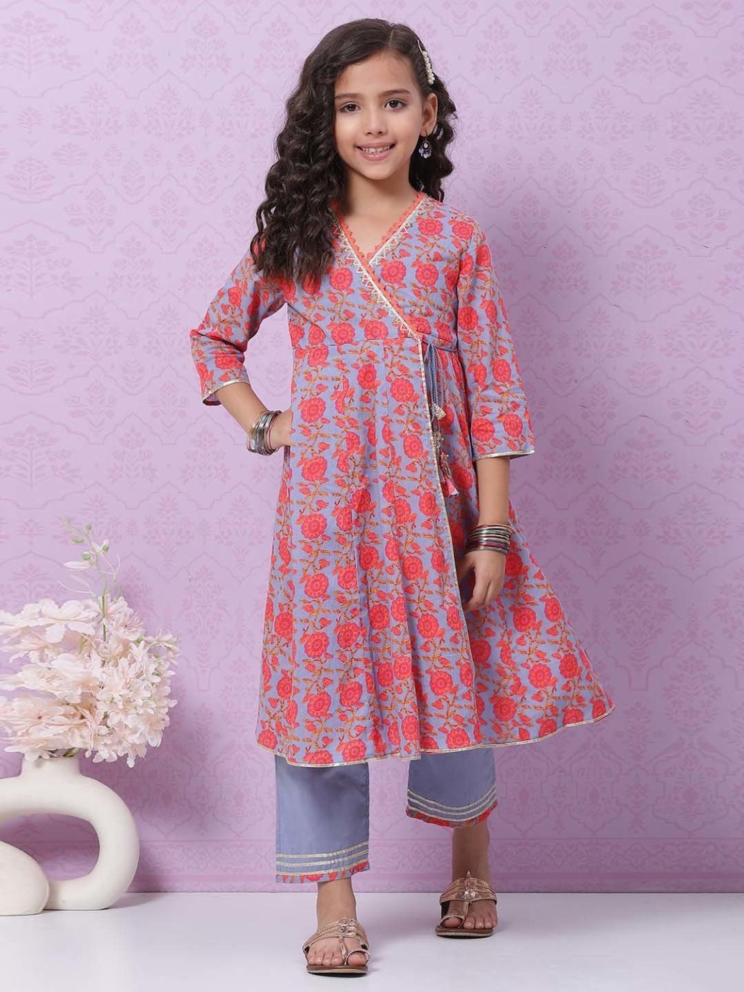 Biba Kids Blue & Red Cotton Floral Print Kurta Set