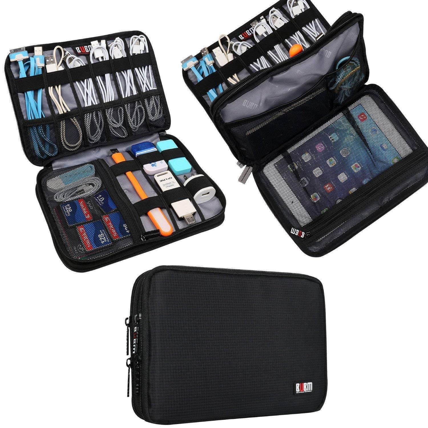BUBM Double Layer Electronic Accessories Organizer, Travel Gadget Bag Cables, USB Flash Drive, Plug More, Perfect Size Fits iPad Mini (Medium, Black)