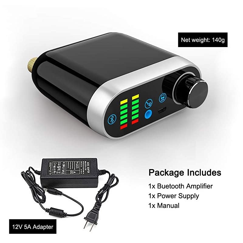 Bluetooth 5.0 Power Amplifier Wireless Audio Receiver with 12V 5A DC Adapter, Stereo Hi-Fi Digital Amp 2 Channel 50W+50W with AUX/USB/Bluetooth Input for Phone PC Tablet MP3(Black)